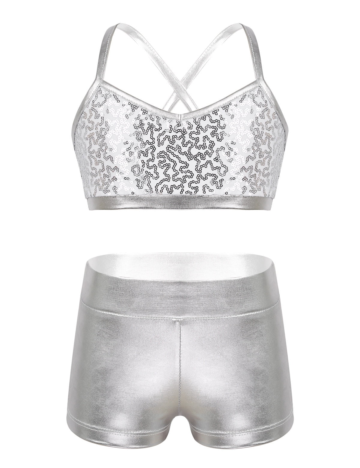 iEFiEL Kids Girls Sequins 2Pcs Ballet Dance Outfit Crop Top with Metallic Bottoms Set Silver 8