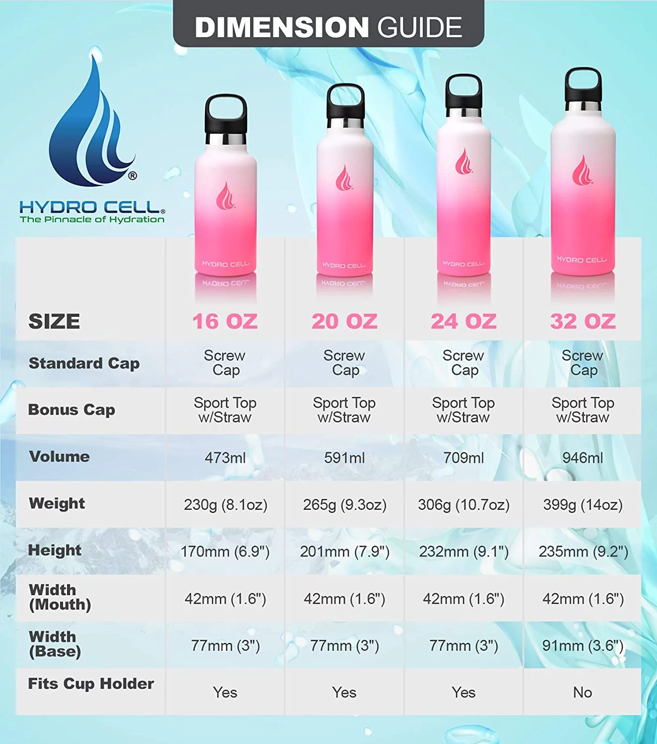 HYDRO CELL Stainless Steel Water Bottle w/Straw & Standard Mouth Lids