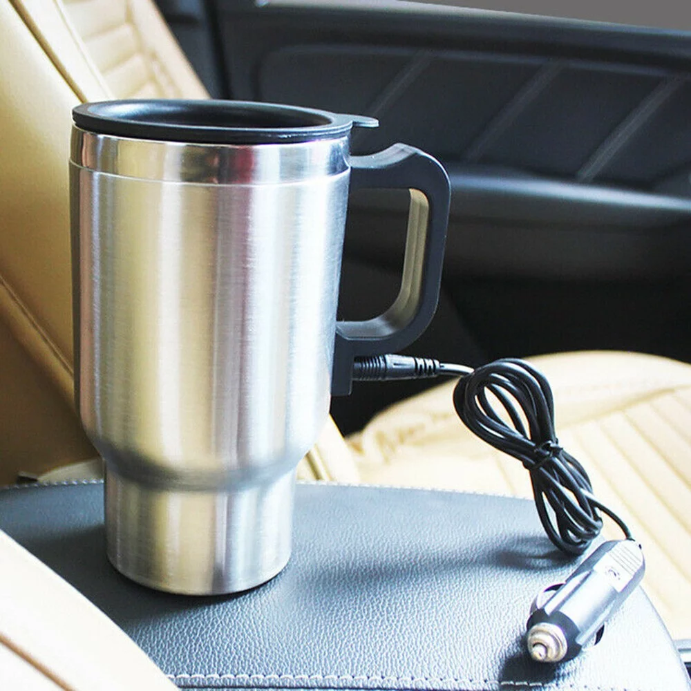 Sufanic 12V Car Heating Cup Car Heated Mug,450ml Stainless Steel Travel Electric Coffee Cup Insulated Heated Thermos Mug,Silver + Black