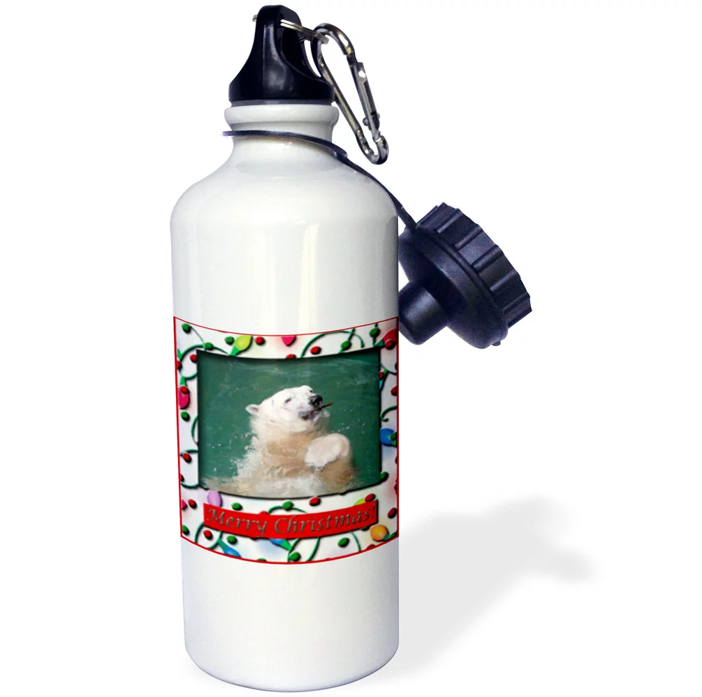 3dRose Polar Bear in Christmas Light Frame, Sports Water Bottle, 21oz
