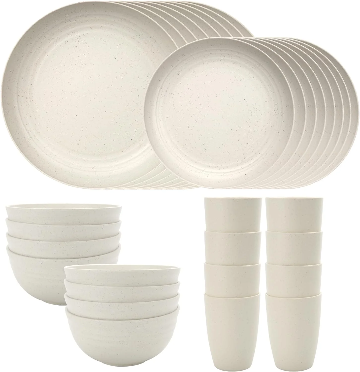 32pcs Wheatstraw Dinnerware, Dish Set for 8, Plastic Plates and Bowls Set, Unbreakable Dinnerware Set Beige Color, Dishwasher & Microwave Safe Dinnerware Set