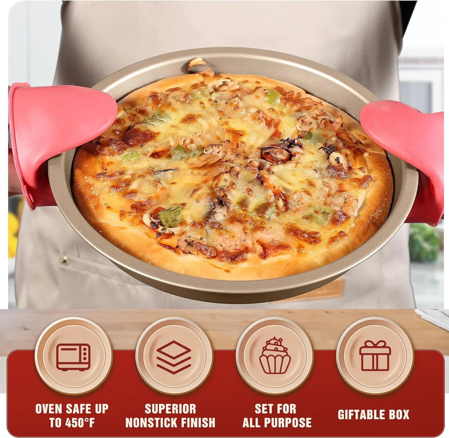 Nonstick Bakeware Set, KITESSENSU 7-Piece Baking Pans Sets with Round/Square Cake Pan, Cookie Sheet Sets, Roast Cooling Rack, Carbon Steel Bake-Gold