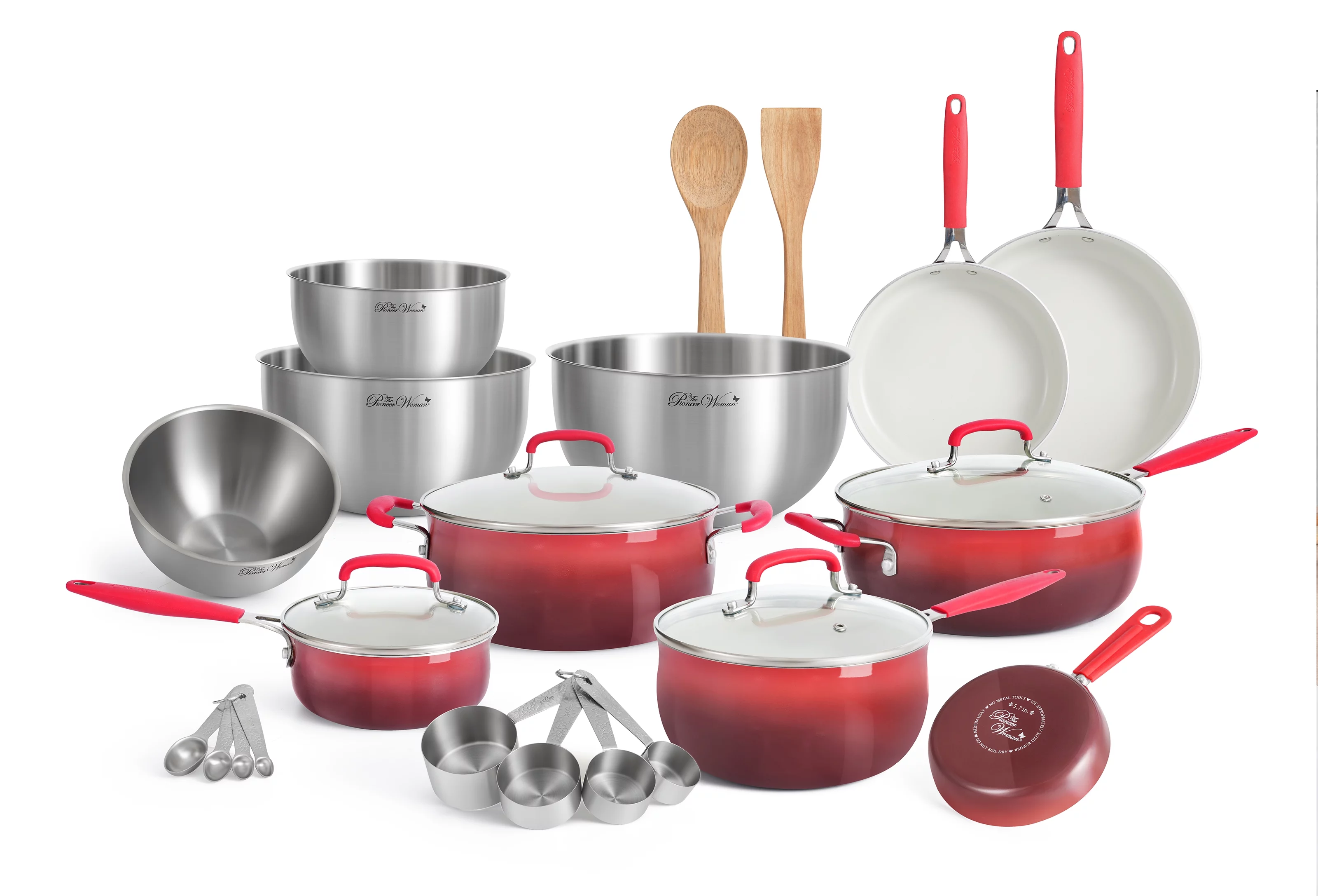 The Pioneer Woman 25 Piece Ceramic Nonstick Aluminum Easy Clean Cookware Set, Ombre Red