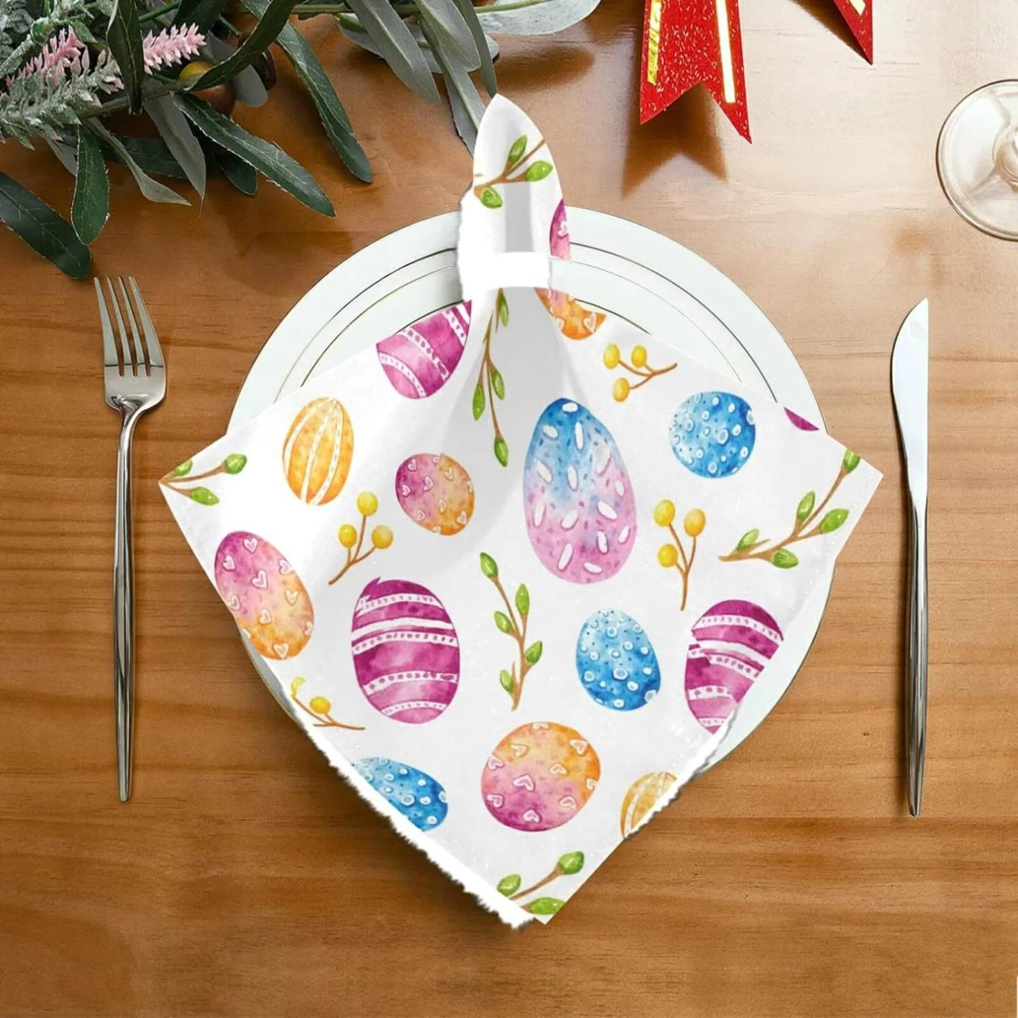 Dreamtimes Easter Cloth Napkins 6PCS,Cute Easter Colorful Eggs Flower Branches Soft and Skin Friendly Dinner Napkins Washable for Dinner, Hotel,Reunion,BBQ Party