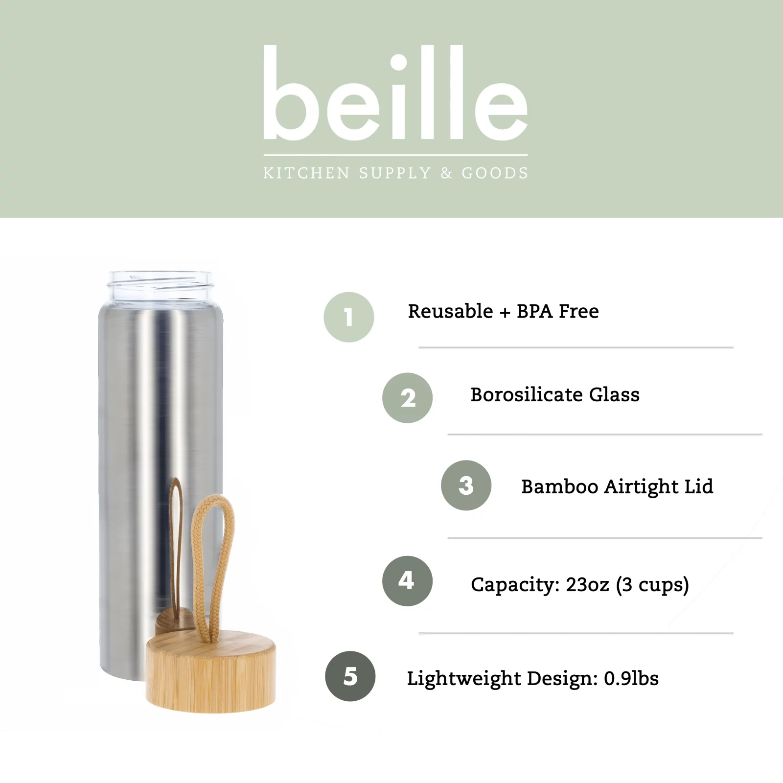 23oz Beille Chrome Glass BPA Free Water Bottle with Bamboo Lid Hydration Health and Beauty