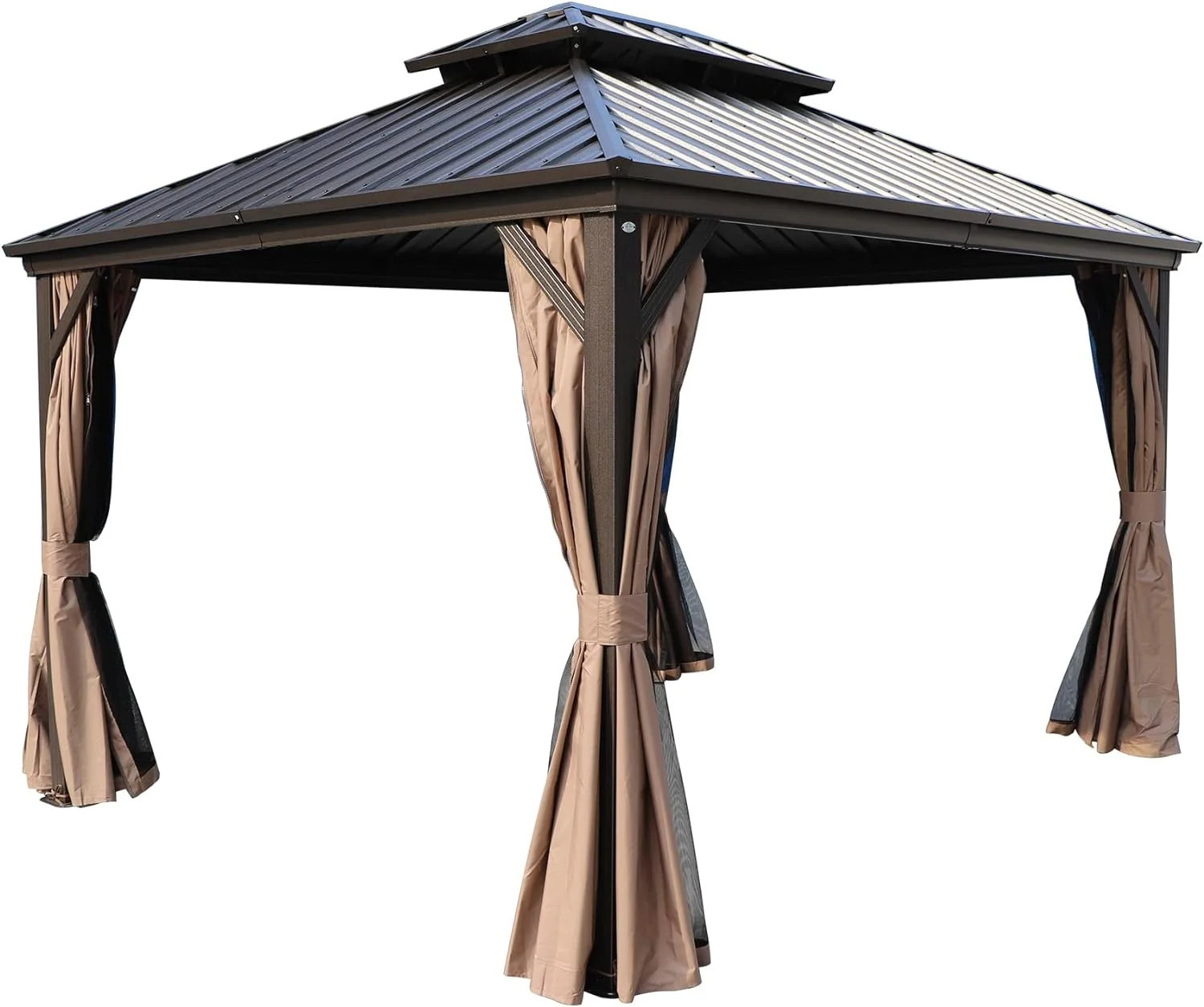 Kozyard Caesar Hardtop Aluminum Gazebo with Galvanized Steel Roof, Mosquito Netting and Privacy Sidewalls (10ft x 12ft, Dark Brown)