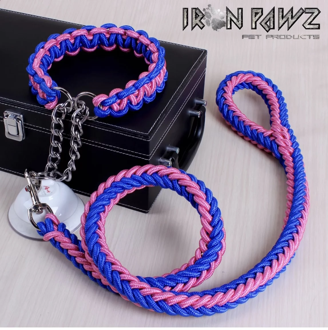Iron Pawz Heavy Duty Professional Training Dog Leash & Collar Set Blue & Purple