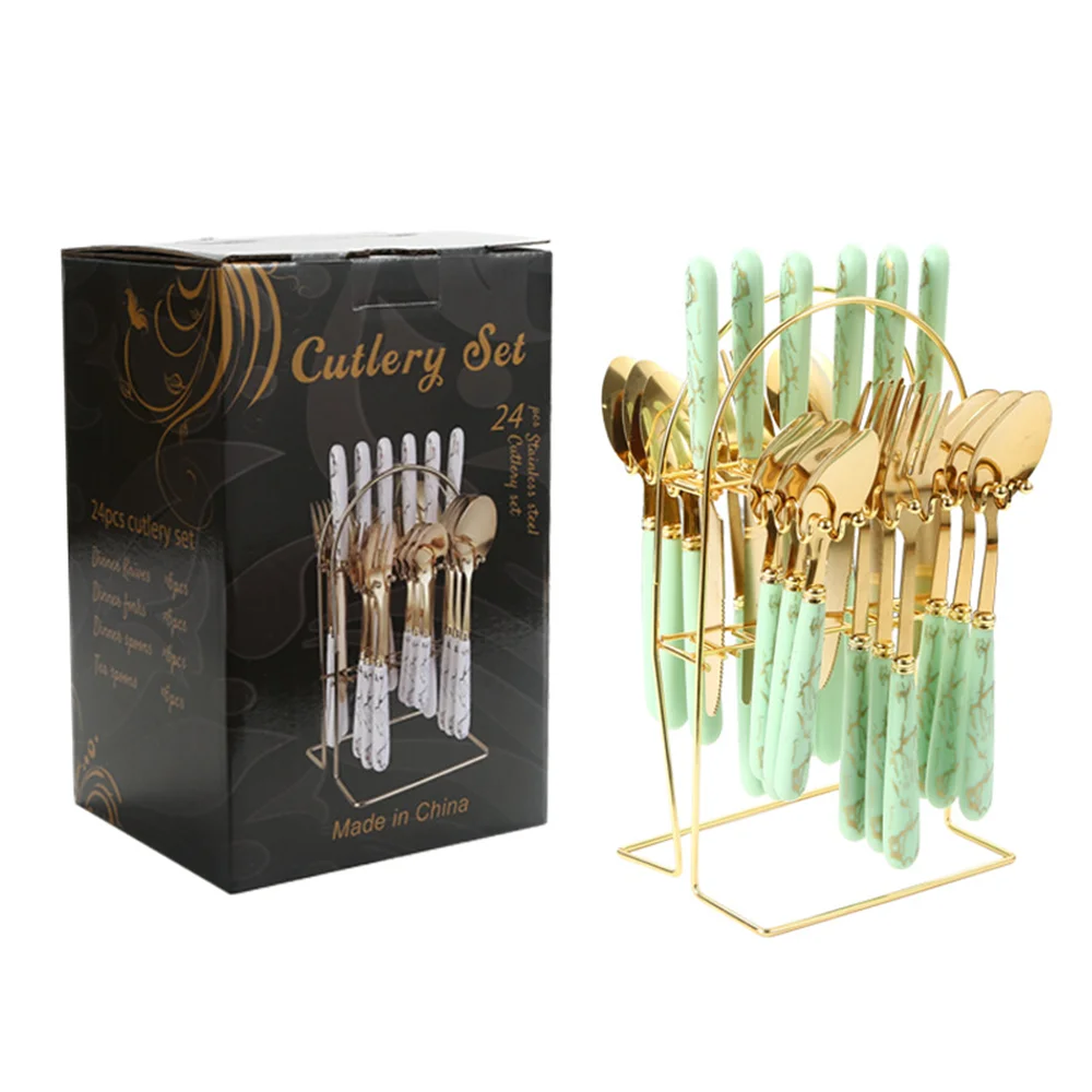 24 Pcs Stainless Steel Tableware Light Luxury Style Marble Ceramic Handle Main Dinner Knife, Fork, Spoon, Teaspoon Gift Set