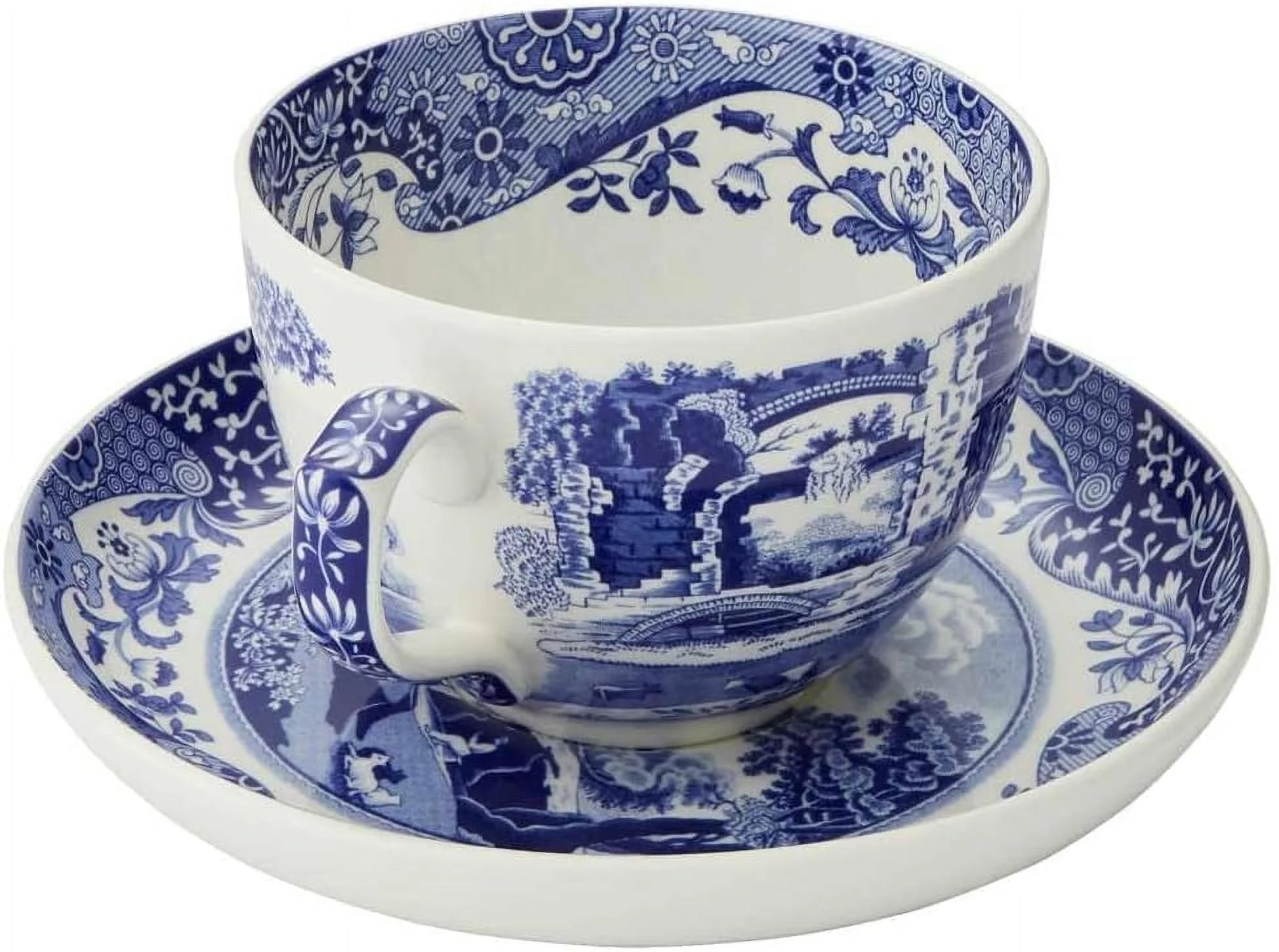 Blue Italian Teacup And Saucer | 20-Ounce Capacity | Jumbo Tea Set | Coffee Mug | Cup For Tea, Lattes, Espressos, And Hot Beverages | Blue And White | Dishwasher Safe