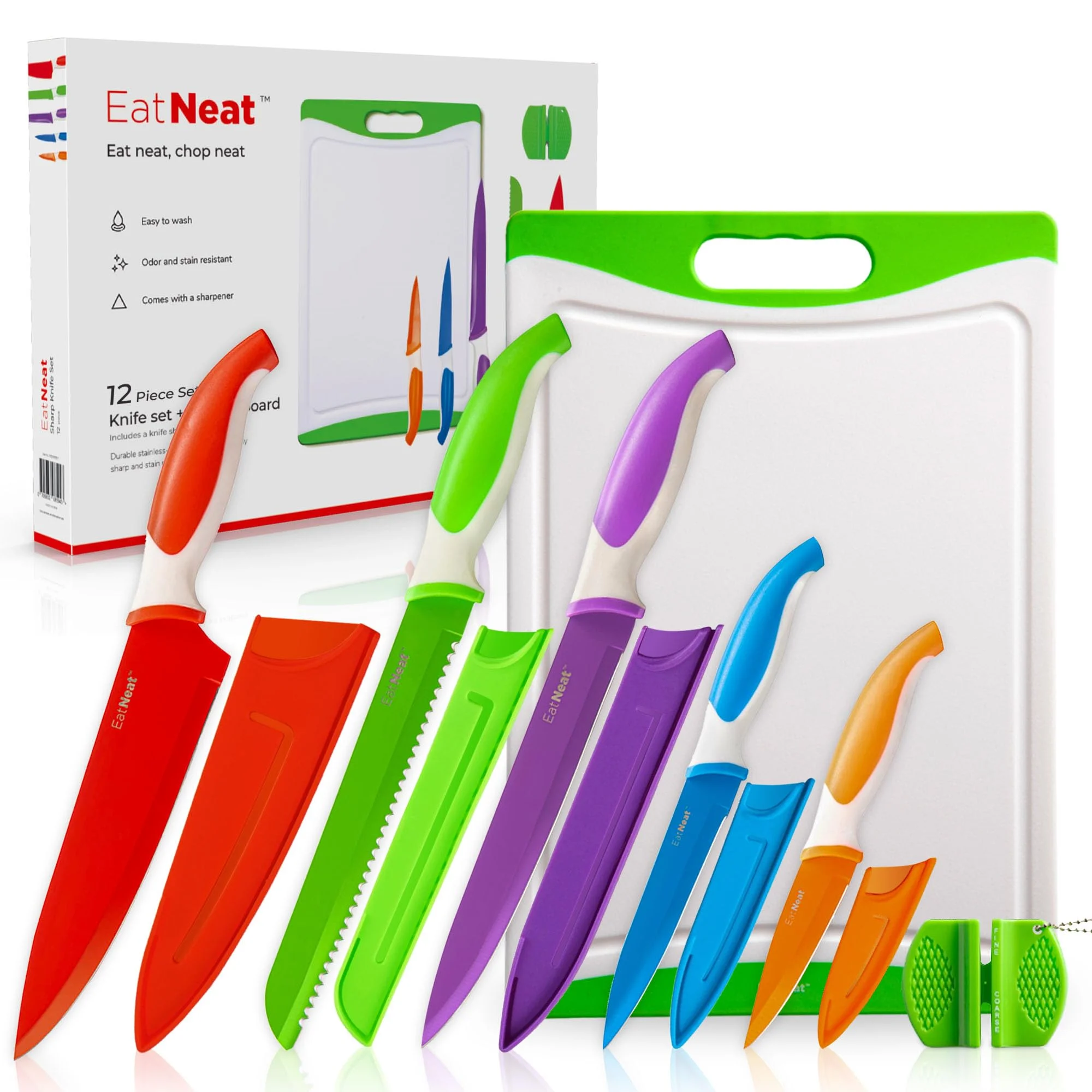 EatNeat 12-Piece Knife Set: Ergonomic Colorful Non-Stick Coated Stainless Steel Knives, Protective Sheaths, Cutting Board, and Sharpener - Gifts for New Home, Apartments, RV, Kitchen Chef’s Essentials