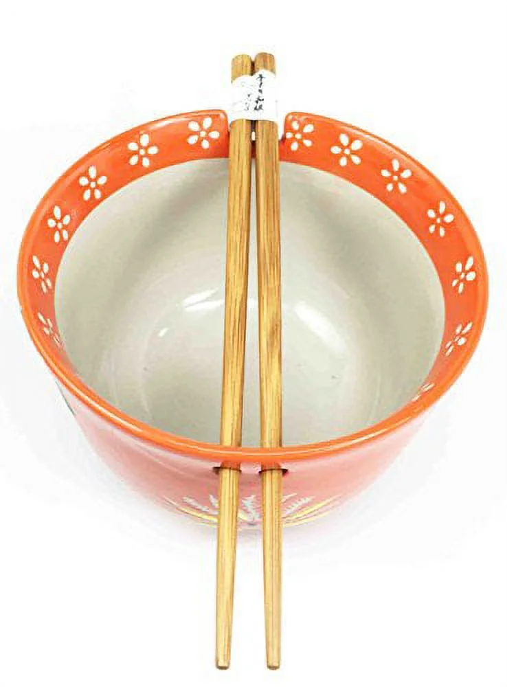 Japanese Design Orange Flower Blossoms Ceramic Ramen Udong Noodle Soup Bowl and Chopsticks Set Great Gift For College Students Housewarming Ramen Lovers Asian Living Home Decor