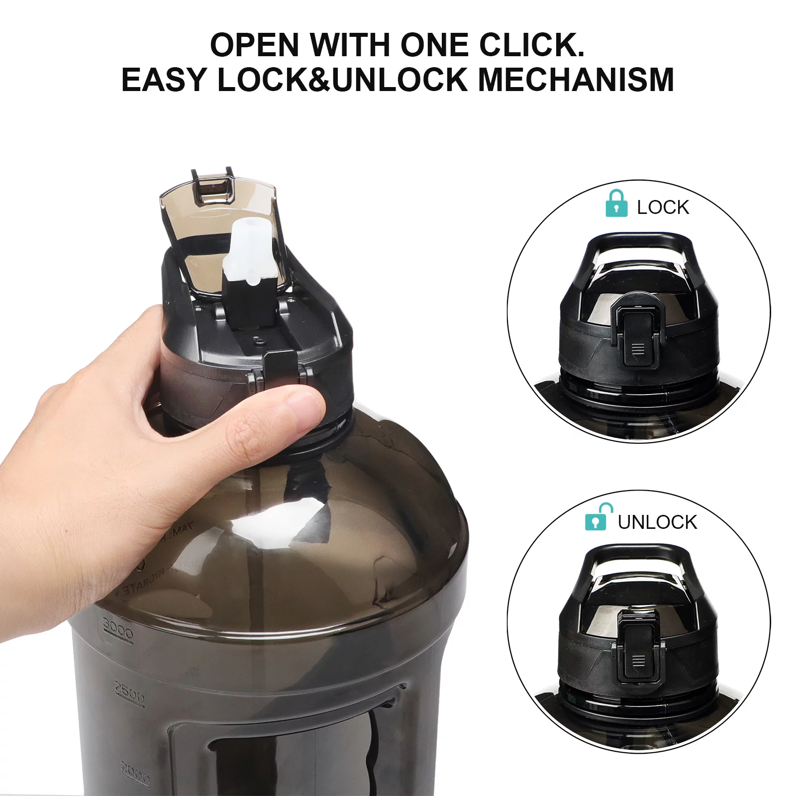 KEVENZ Water Bottle with Time Marker, 1 Gallon Water Bottle with Straw, Leakproof Water Jug, BPA Free, Black