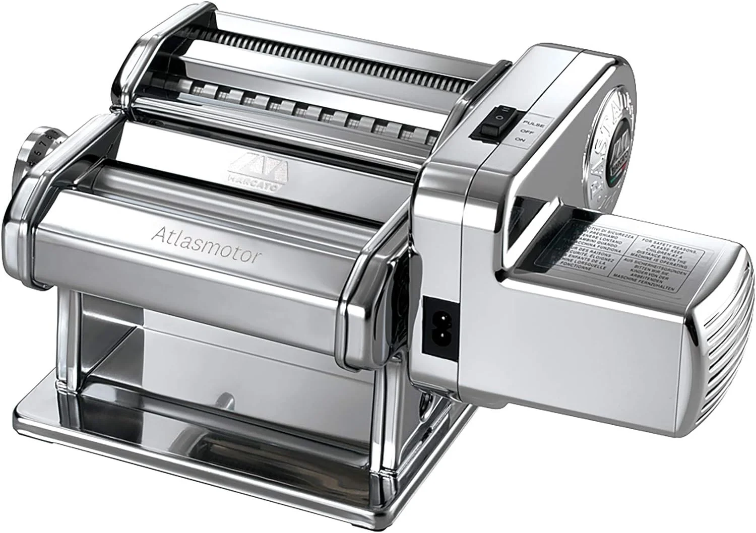Made In Italy Atlasmotor 110V Electric Pasta Machine, Chrome Steel. Set Includes Atlas 150, Handcrank, Clamp, Pastadrive Motor, And Instruction Manual