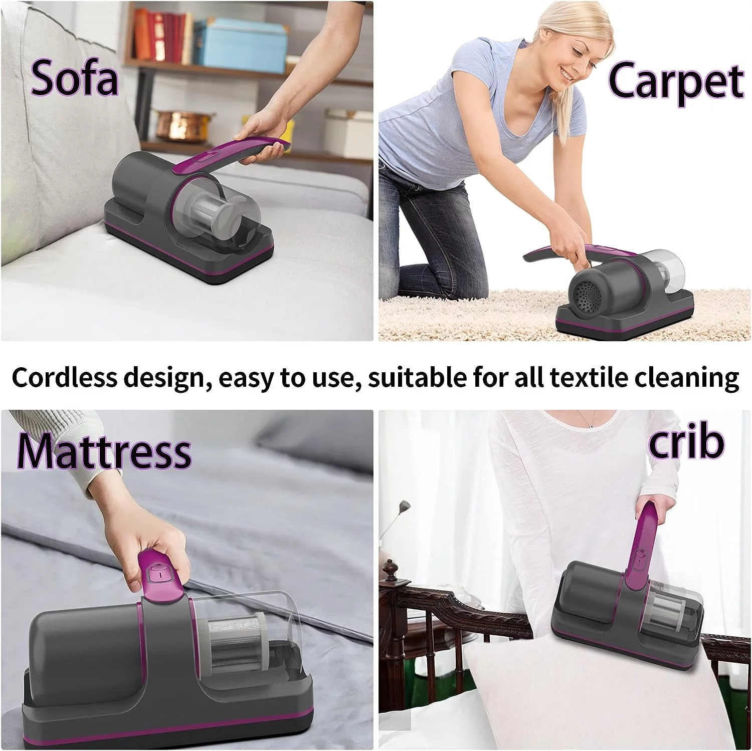 12Kpa Powerful Mattress Vacuum Cleaner with 3 Filters, 2- Speed Deep Sofa Vacuum Cleaner with Purple Light, Cordless Vacuum for Mattress, Bed, Cloth Sofas, Pillows, Carpets