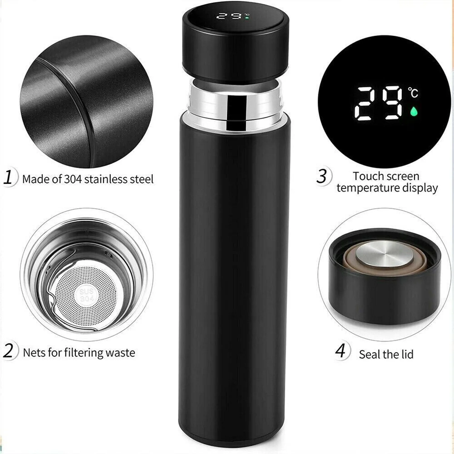500ml Stainless Steel LED Flasks Thermal Travel Mugs Coffee/Water/Tea Insulated Drink Vacuum Bottle Hot&Cold 17oz