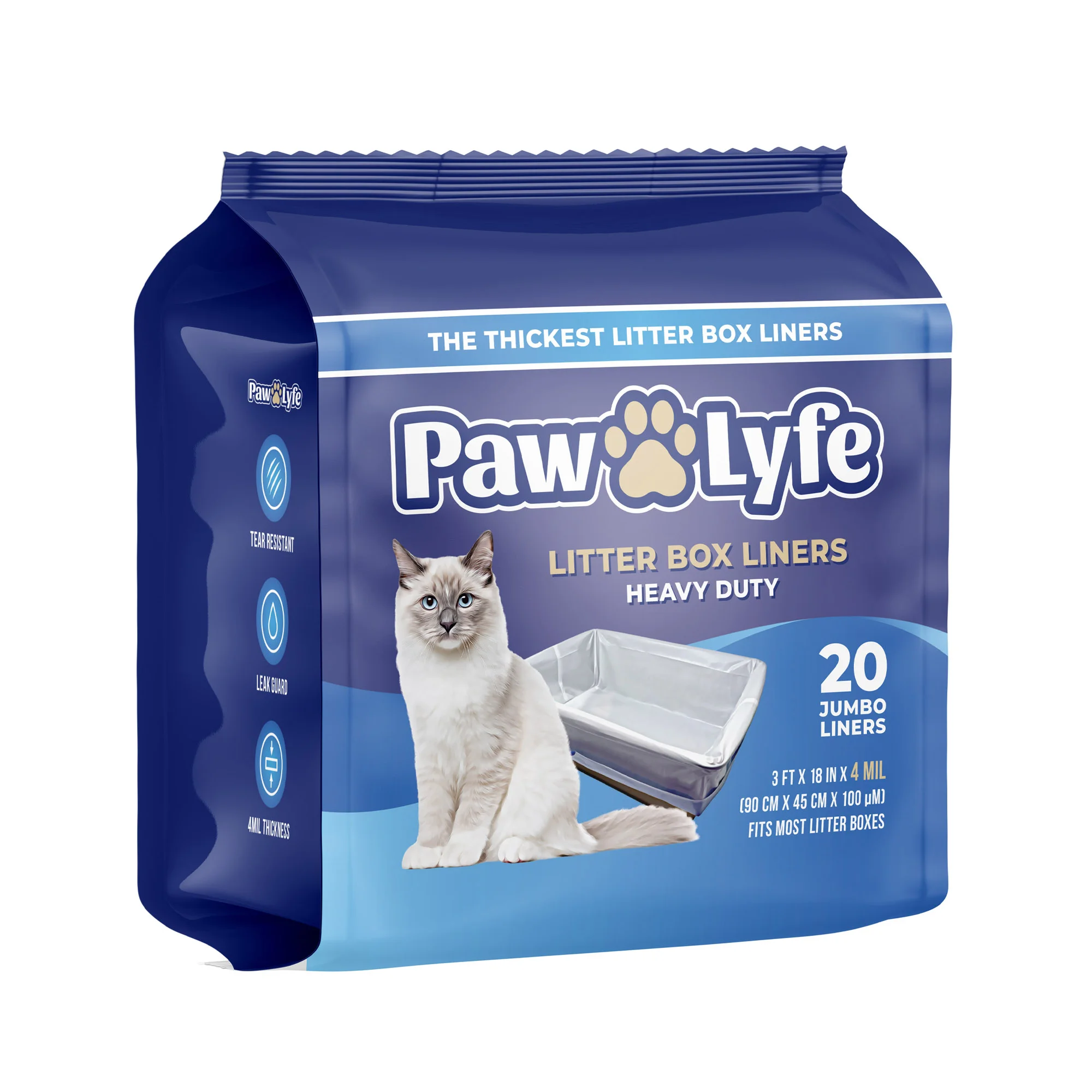PawLyfe Litter Box Liners: Heavy Duty - Thickest Litter Liner on the Market 4MIL - Tear & Leak Resistant - Drawstring Close - Jumbo, 36” x 18” - 20 Count Jumbo Size Draw String Litter Liners for Cats