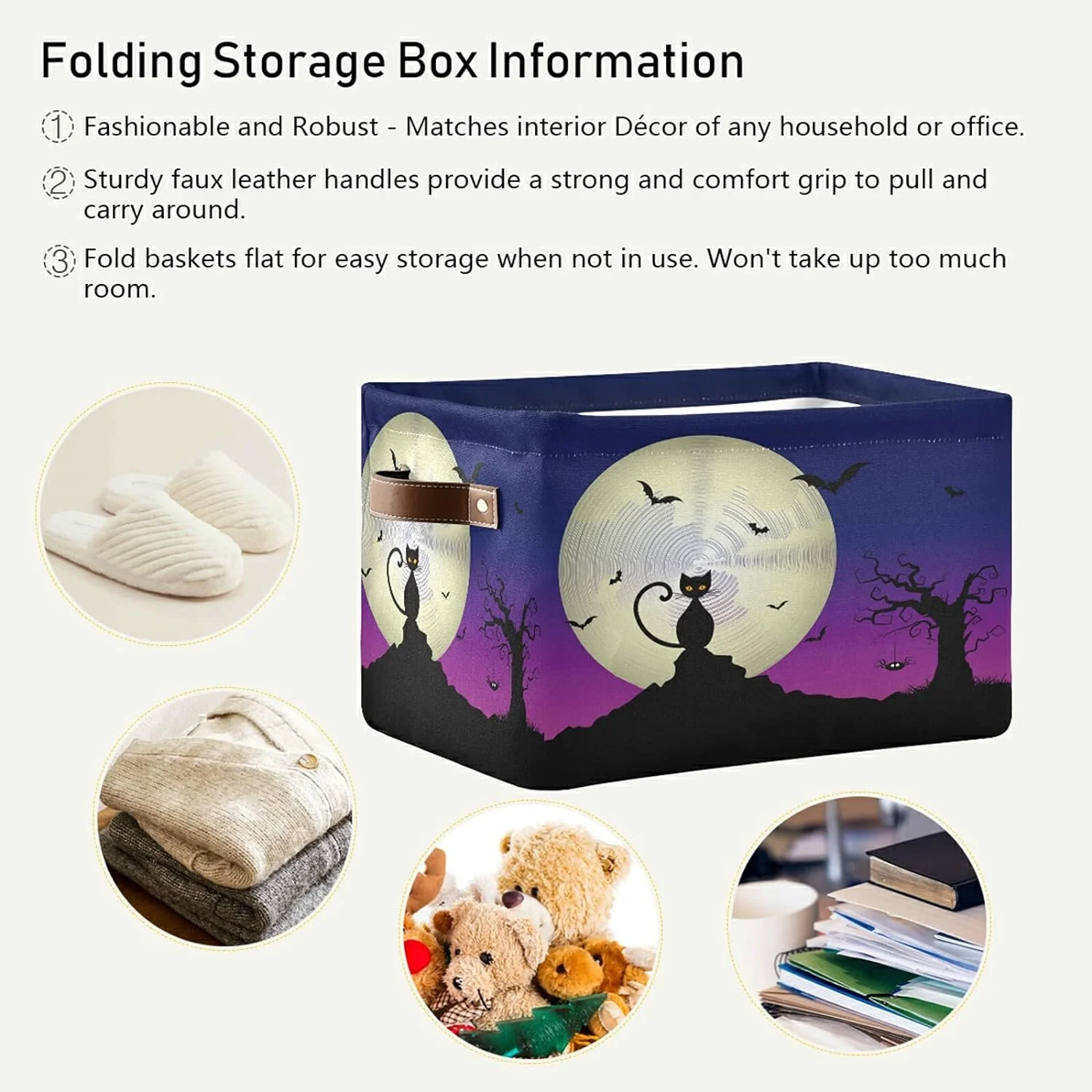 GZHJMY Halloween Cat Moon Storage Bin for Toy Storage Basket Dirty Clothes Sundries Office Home Closet Shelf Cube Box Waterproof Laundry Basket Collapsible Organizer