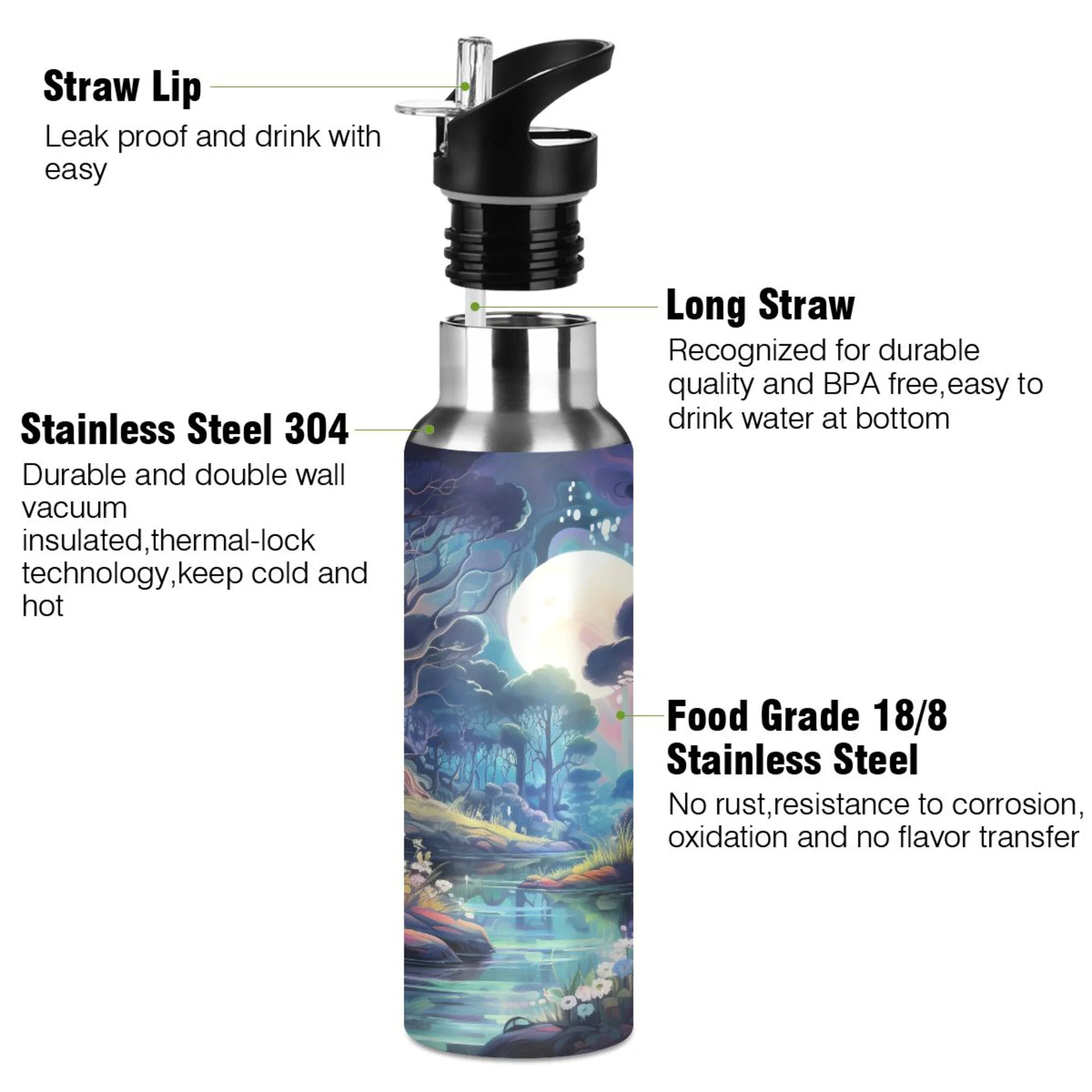 Water Bottle with Straw Lid Leak Magic Sunset Landscape Stainless Steel Insulated Thermos Vacuum Flask for Cold Hot Drinking for Sports Camping Gym Yoga