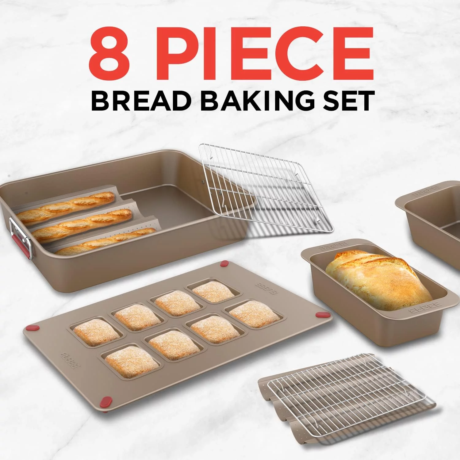 Elbee 8-Pc Bread Baking Pan Set Steel Bakeware Non Stick Pans & Cooling Racks