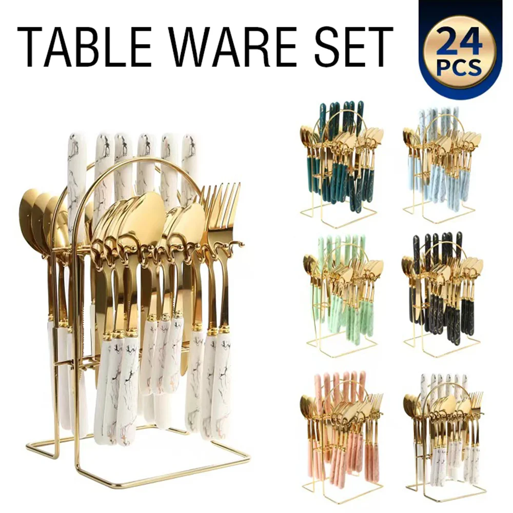 24 Pcs Stainless Steel Tableware Light Luxury Style Marble Ceramic Handle Main Dinner Knife, Fork, Spoon, Teaspoon Gift Set