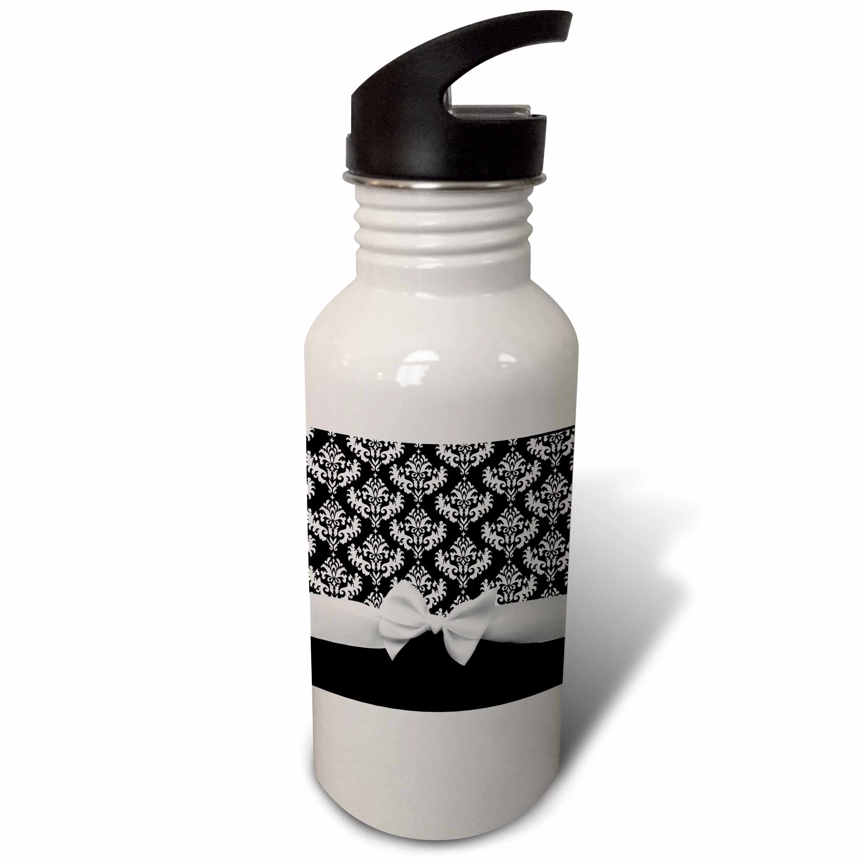 Black and White Damask pattern with elegant and classy white ribbon bow for stylish women 21 oz Sports Water Bottle wb-56660-1