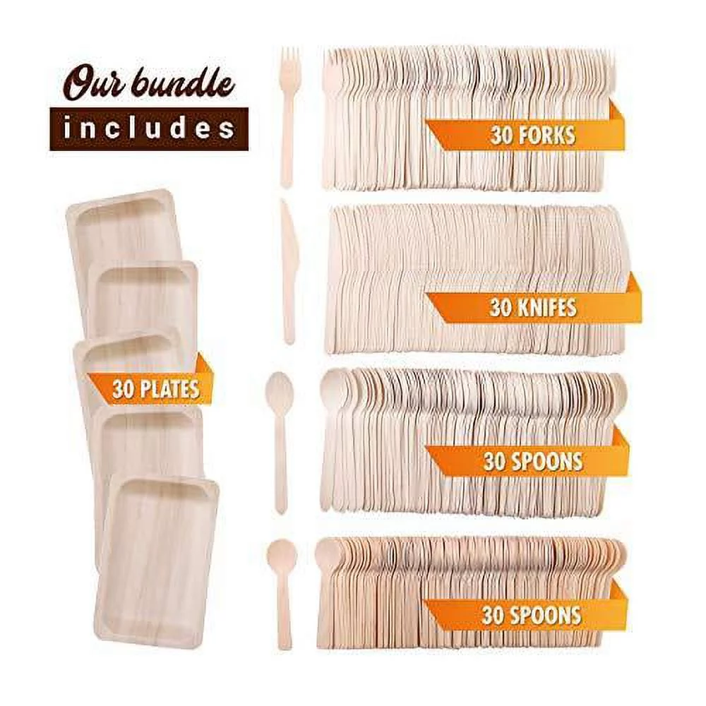 Disposable Wooden Cutlery Utensils Set – (Pack of 150) 30 10.5-inch Plates 30 Forks 30 Knives 30 Spoons 30 Small Spoons Eco-Friendly Silverware Compostable Flatware Biodegradable