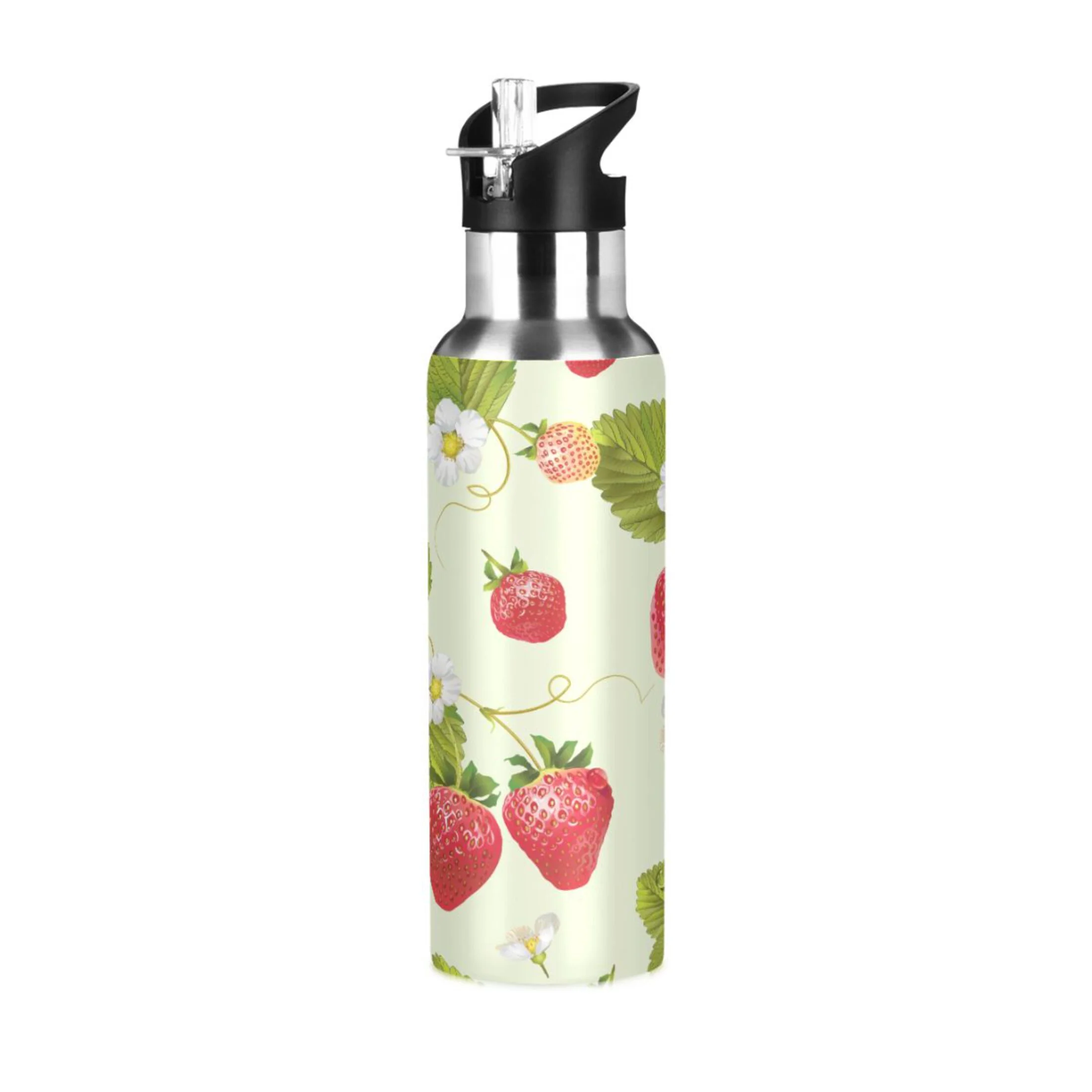 Water Bottle with Straw Lid Leak Bees Strawberry Daisy Leaves Stainless Steel Insulated Thermos Vacuum Flask for Cold Hot Drinking for Sports Camping Gym Yoga