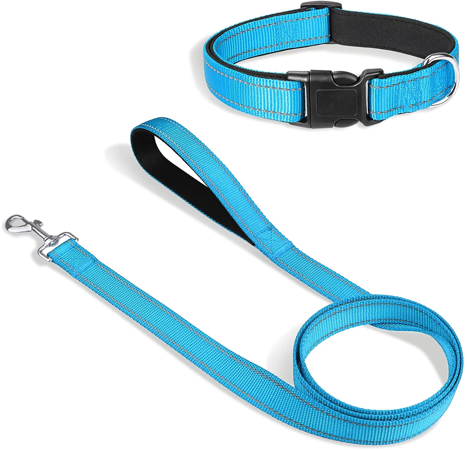 Dog Collar Bundle with 5FTx1 Width Double-Sided Reflective Dog Leash,5FT Nylon Dog Leashes with Nylon Dog Collar for Small Dogs,SkyBlue