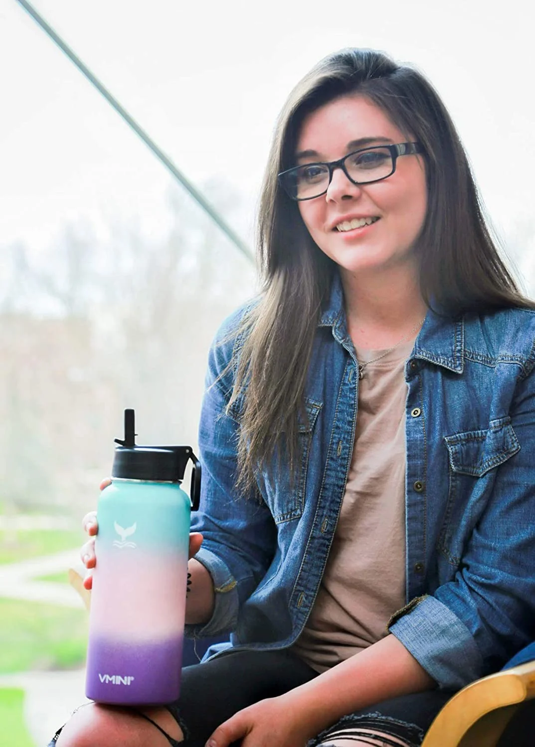 Vmini Water Bottle with New Wide Handle Straw Lid, Wide Mouth Vacuum Insulated 18/8 Stainless Steel, 32oz, Gradient Yellow Pink Nectarine 32oz