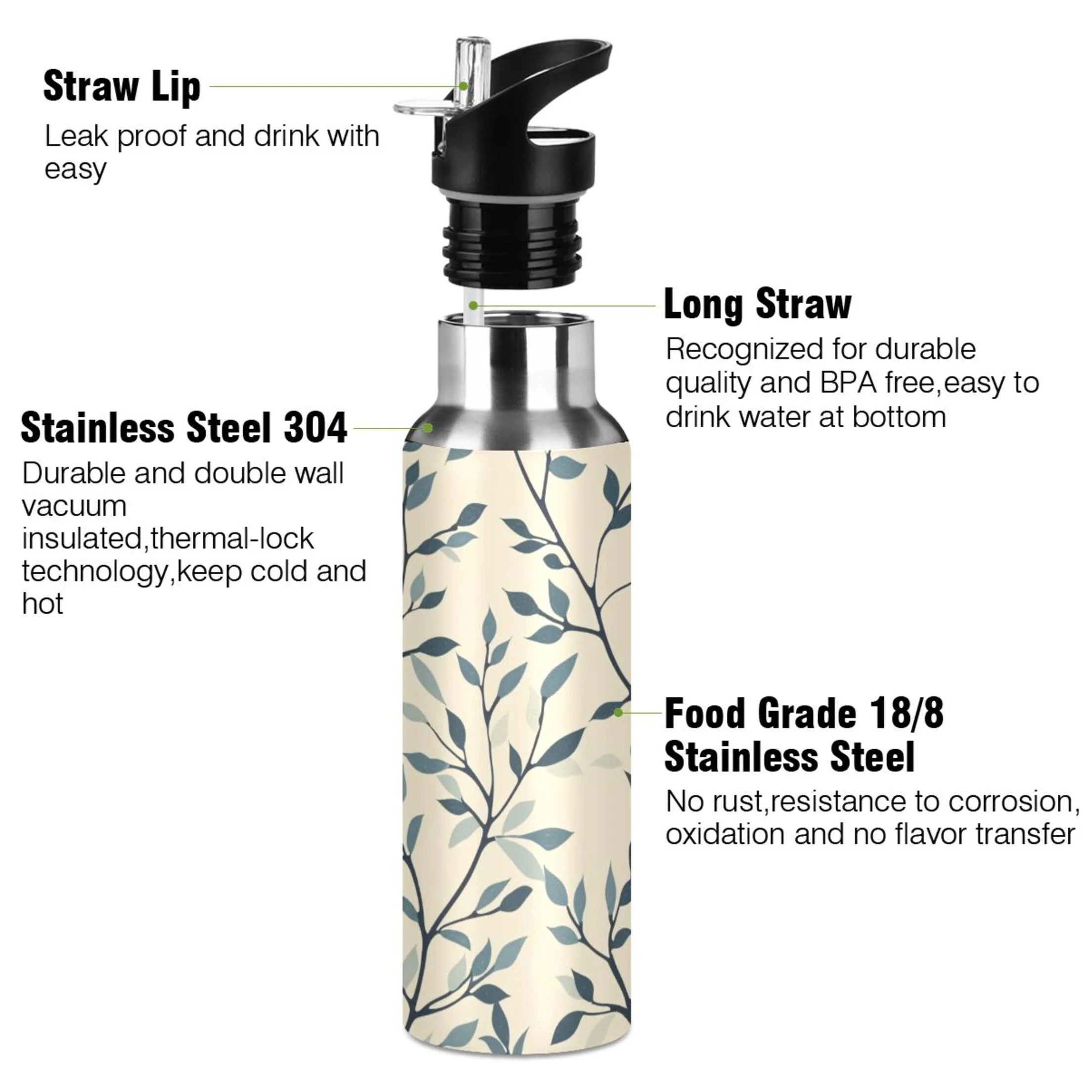 Leaf Pattern Water Bottles Insulated Thermos Kids Stainless Steel Bottle with Straw Lid Flask Leakproof for Sports Gym 20 oz