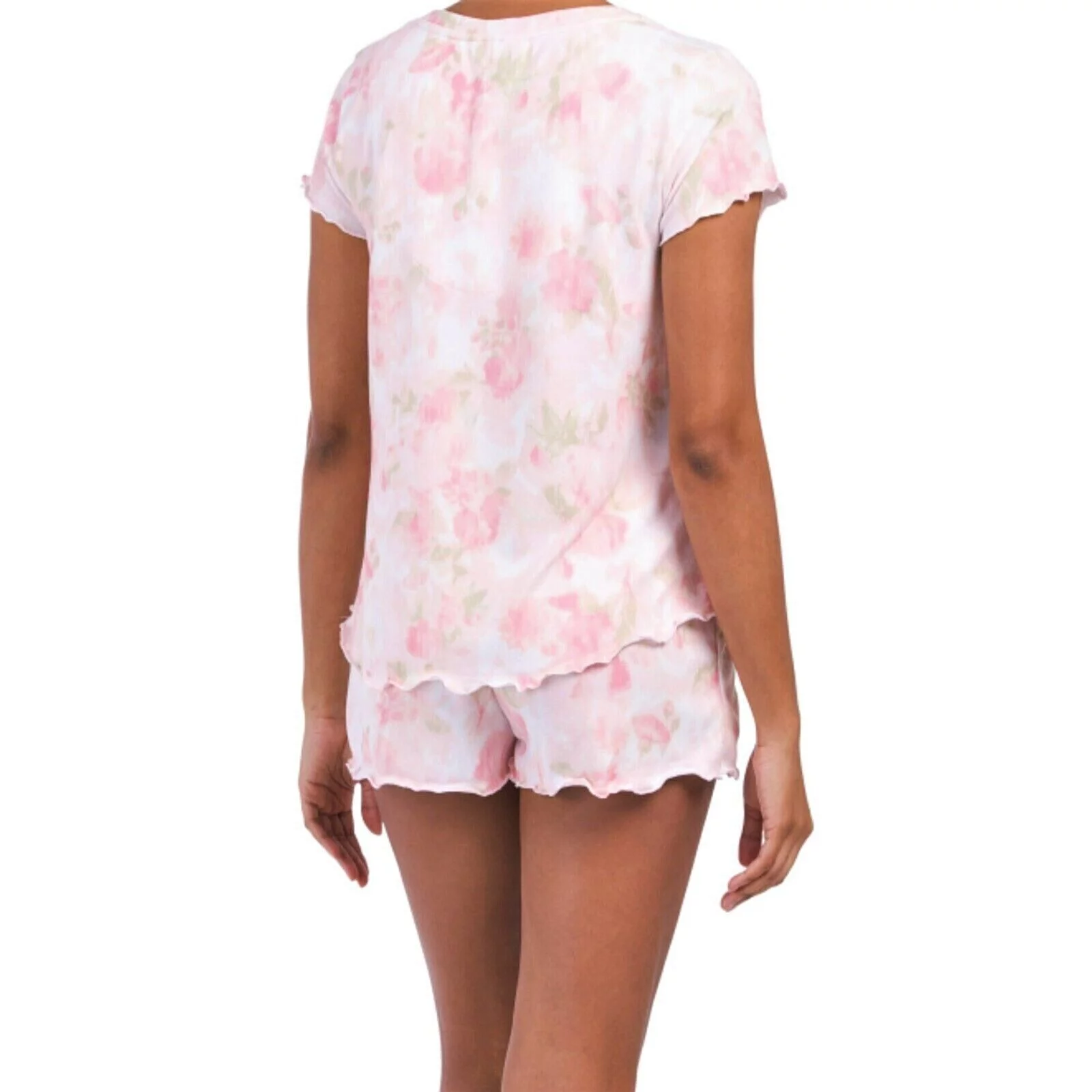 Laura Ashley Women's Ultra Soft 2-pc PJ V-neck Floral Print Lettuce Edge Shorty Lounge Pajama Set