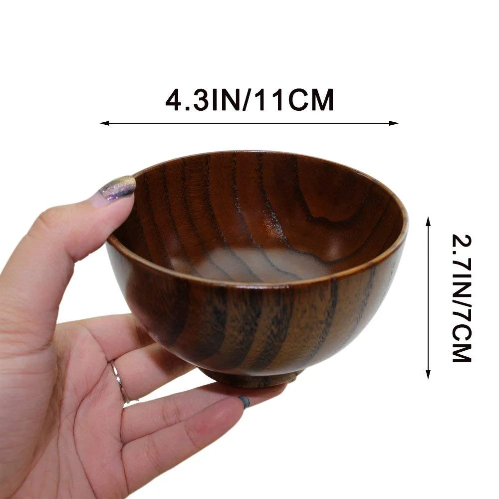 Set of 2 Japanese Style Solid Wood Bowl Children Kids Baby Serving Tableware for Salad Rice Miso Soup Fruits Decorative Display gifts, single bowl