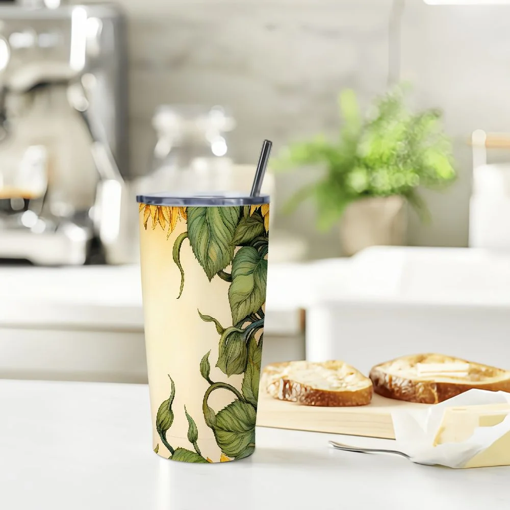 JEUXUS VIKIS 20 oz Insulated Double Wall Stainless Steel Tumbler with Spill Proof Lid and Reusable Straw, Water Bottle Coffee, Sunflower Gnomes Cup Mug Tumbler (Sunflowers)