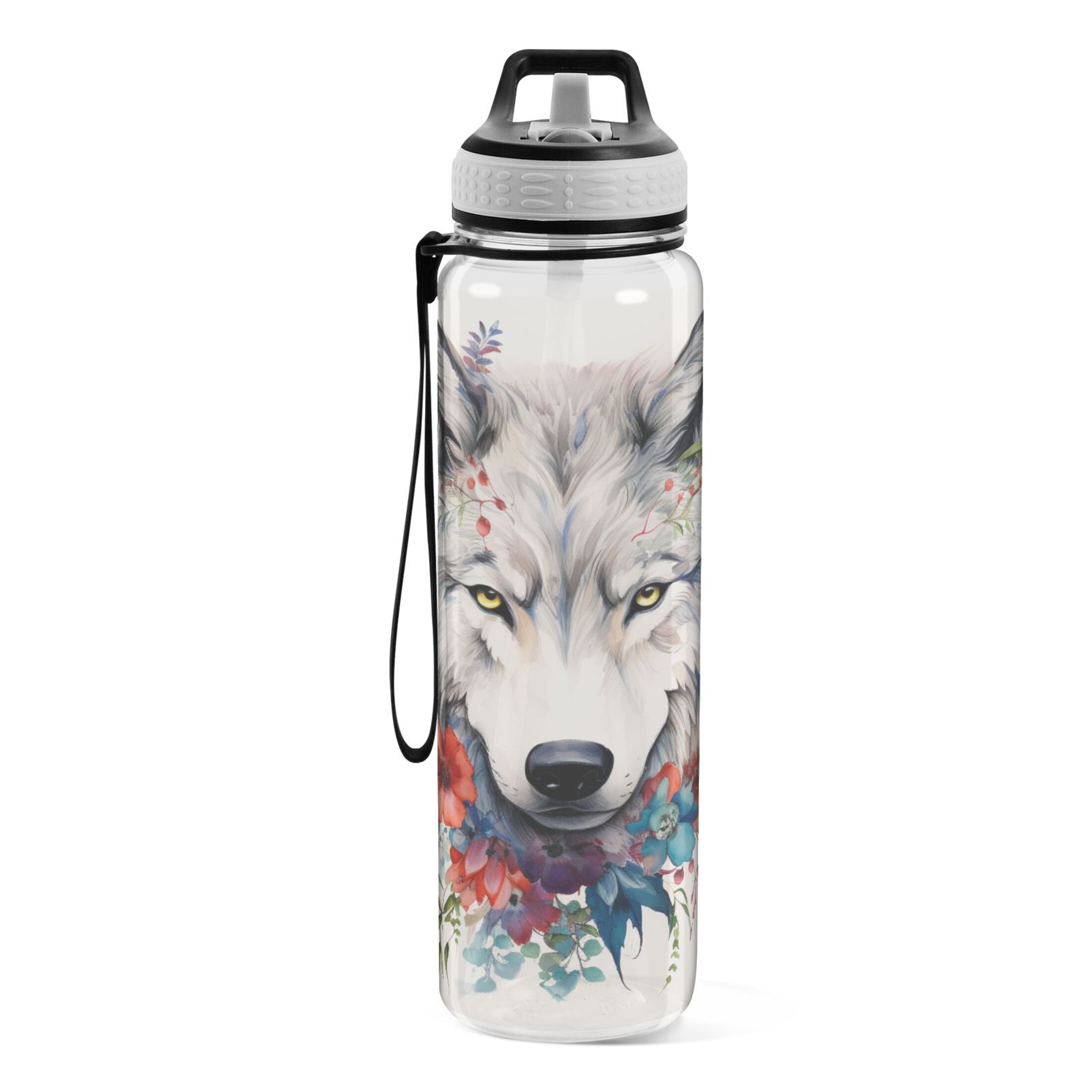 Flowers on Wolf 32oz Sports Water Bottles Leakproof Tritan Bottle with Straw BPA Free Clear Bottle for Fitness Gym Outdoor Cycling