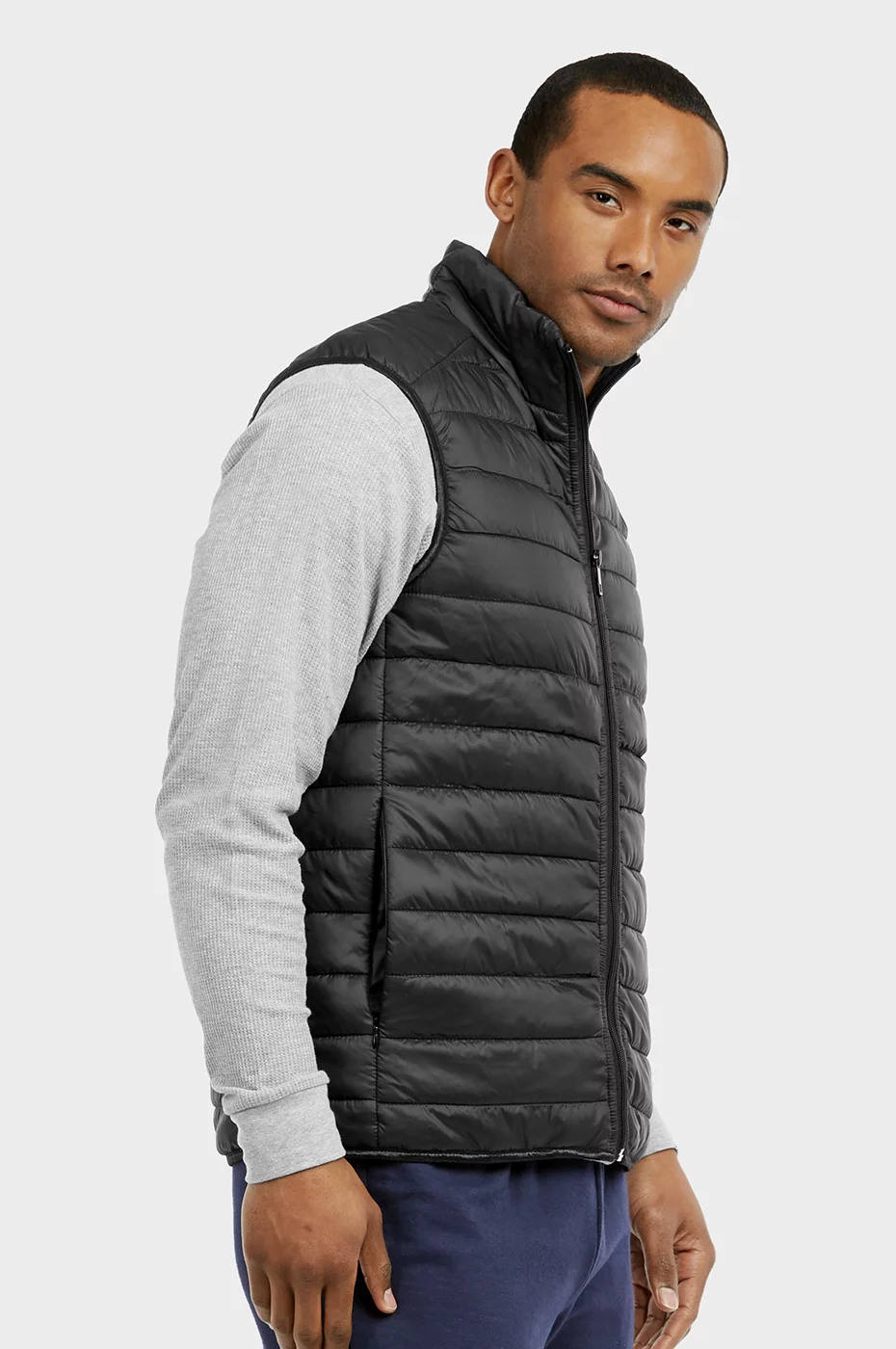 247 Frenzy Men's Essentials Et Tu Lightweight Full Front Zip Puff Nylon Vest Jacket with Side Zip Pockets - Black