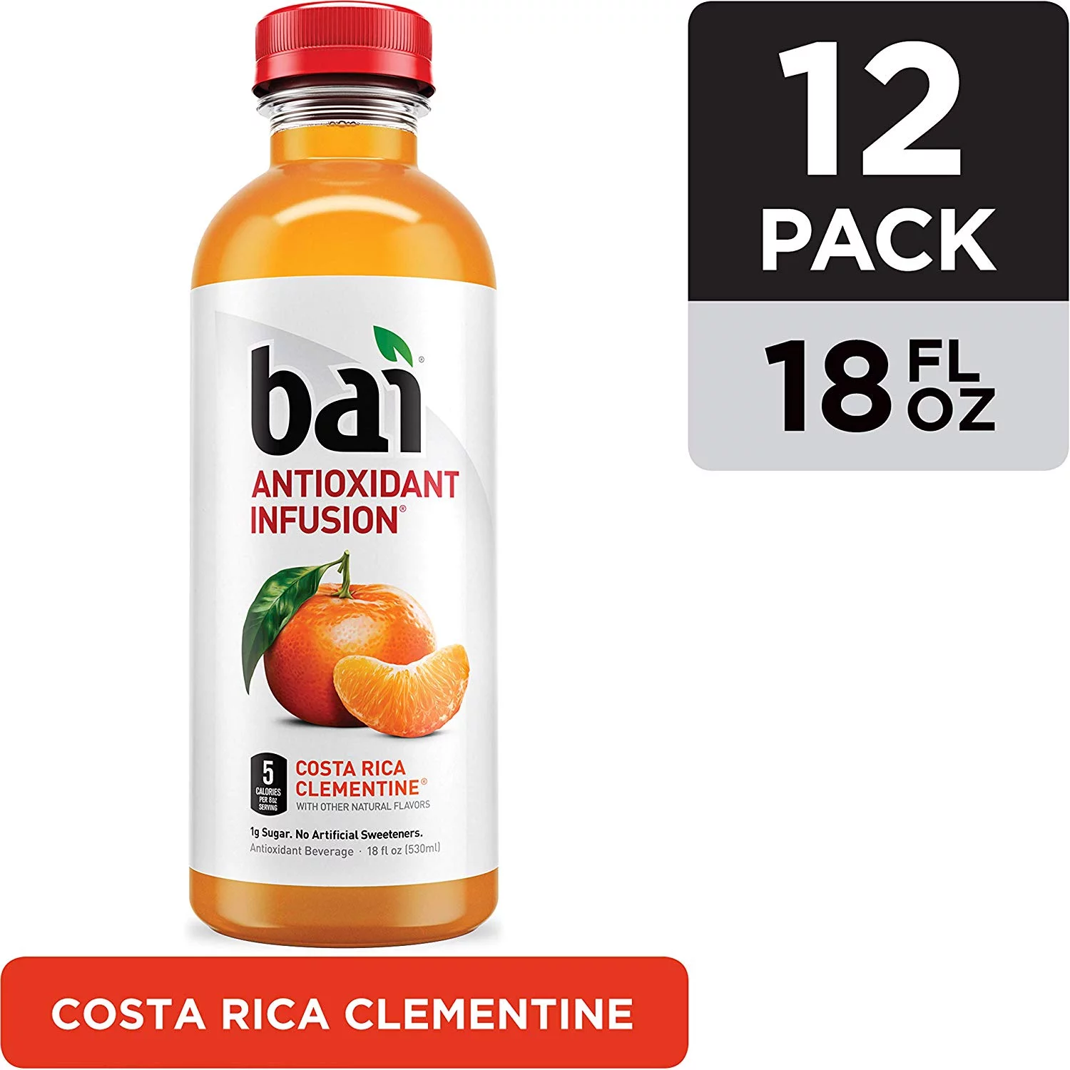 Bai Flavored Water, Costa Rica Clementine, Antioxidant Infused Drinks, 18 Fluid Ounce Bottles, 12 count