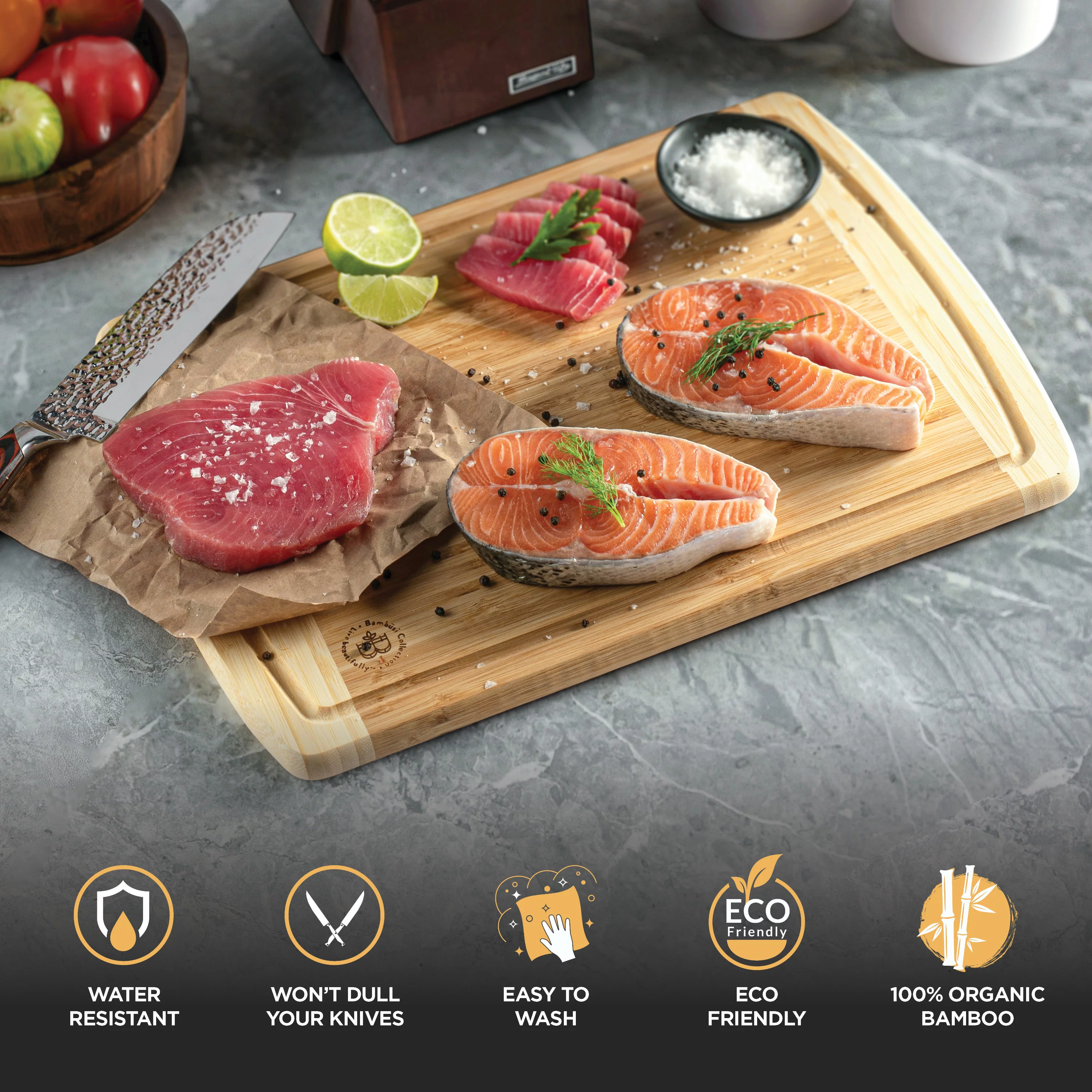 Bambüsi Extra Large Bamboo Cutting Board, Kitchen Chopping Board, Wooden Cutting Board With Juice Grooves. By: Bambusi