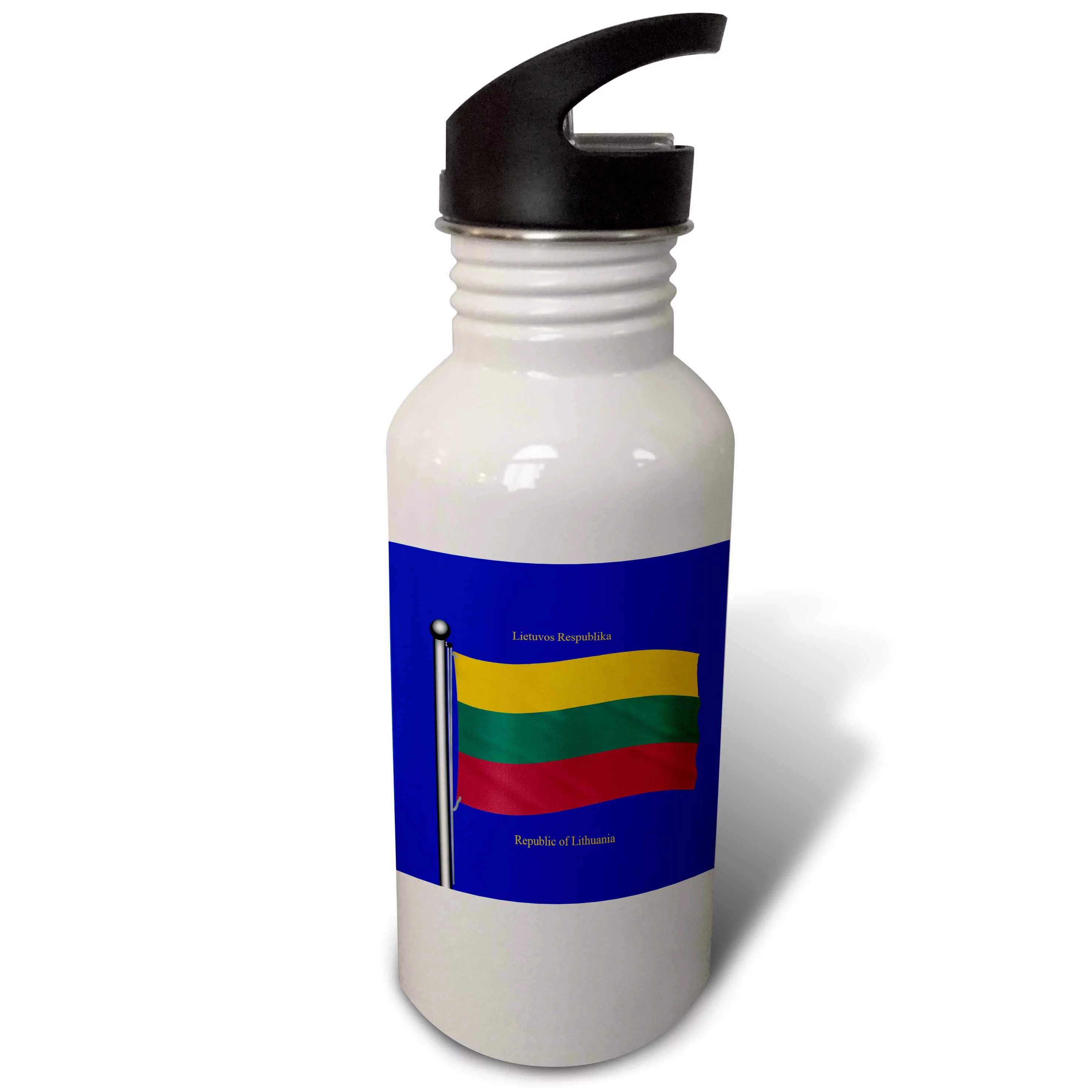 The flag of Lithuania on a blue background with Republic of Lithuania in English and Lithuanian 21 oz Sports Water Bottle wb-63174-1