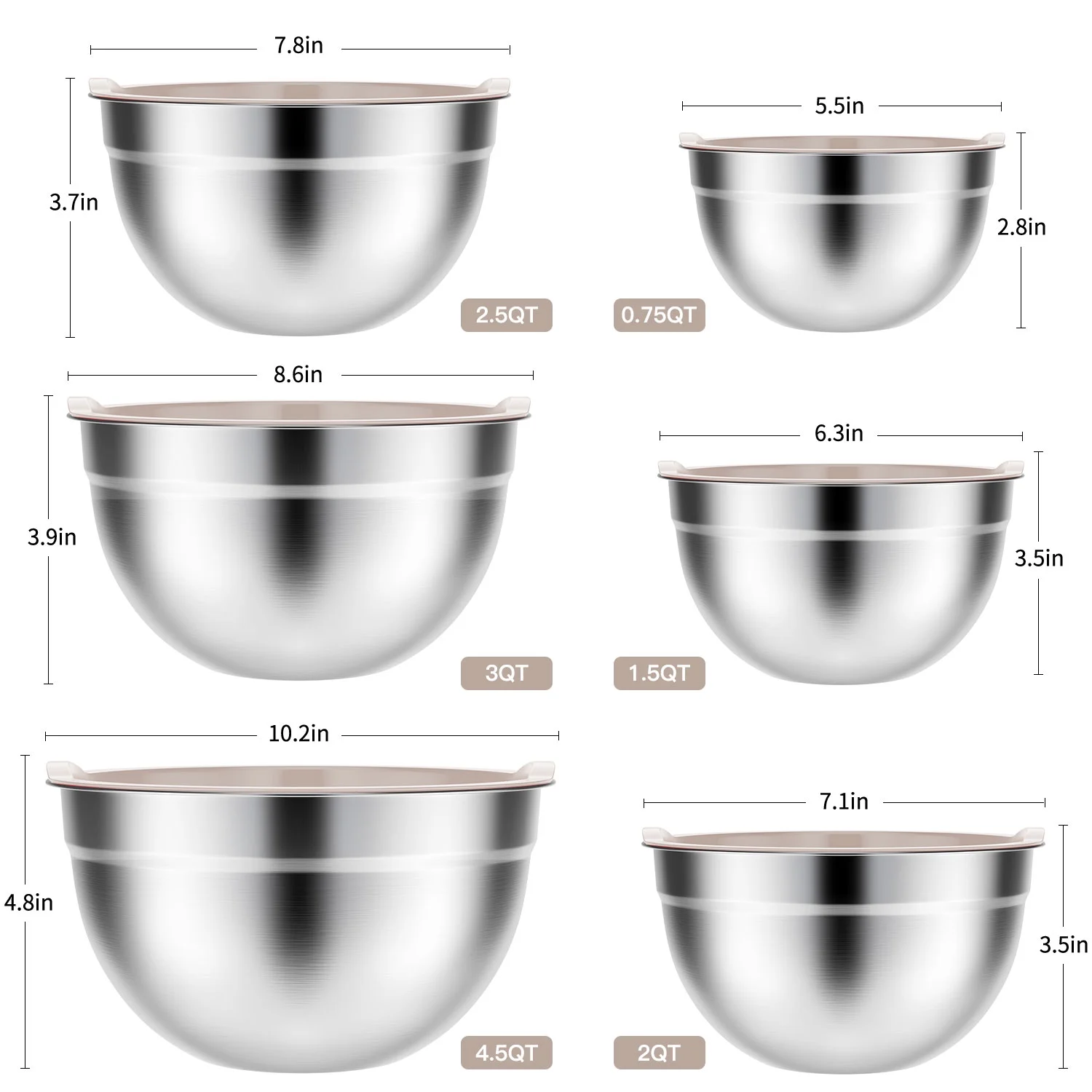 Stainless Steel Mixing Bowls Set, TINANA 6 PCS Mixing Bowls with Lids, Metal Nesting Storage Bowls for Kitchen, Size 4.5, 3, 2.5, 2, 1.5, 0.75 QT, Great for Prep, Baking, Serving-Khaki