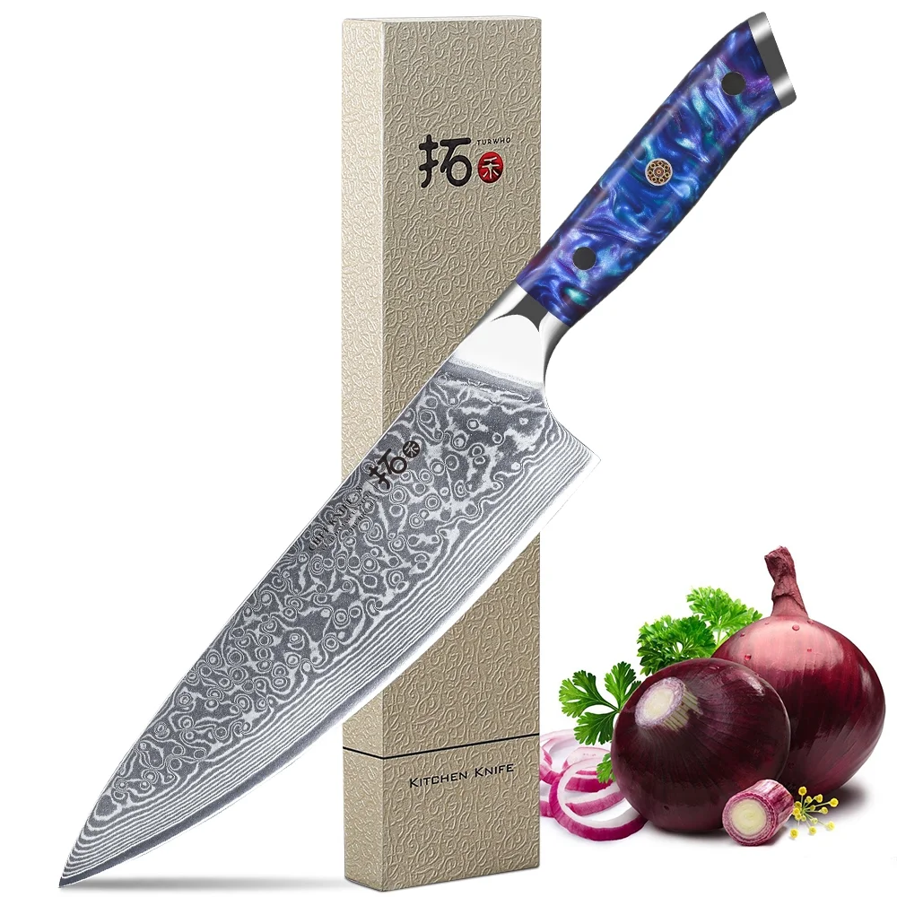 TURWHO 8inch Chef Knife Japanese VG10 Damascus Steel Kitchen Knife, Cook Knife, with Blue Resin Handle