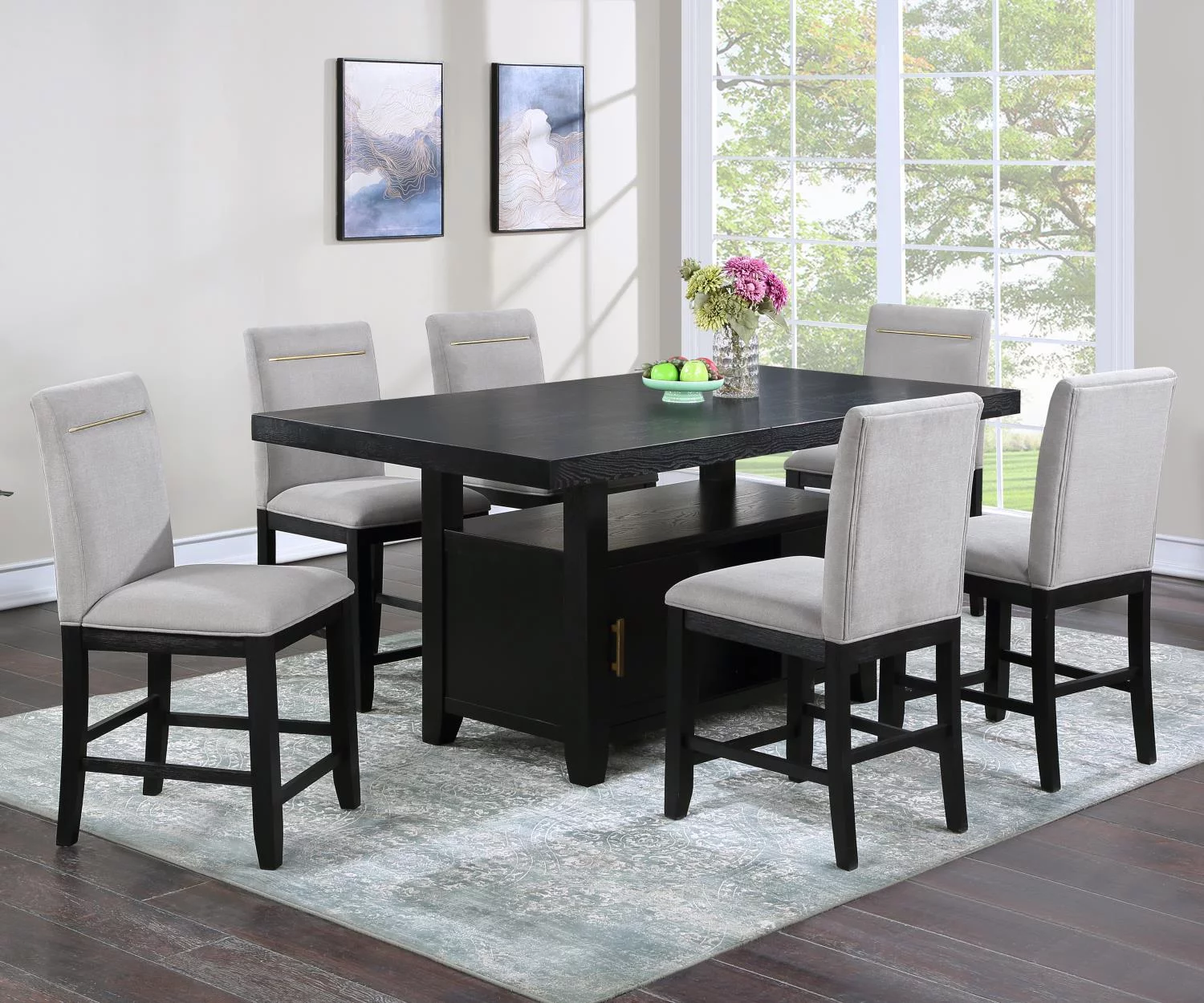 Yves Rubbed Charcoal Wood Counter Height Storage 7-Piece Dining Set