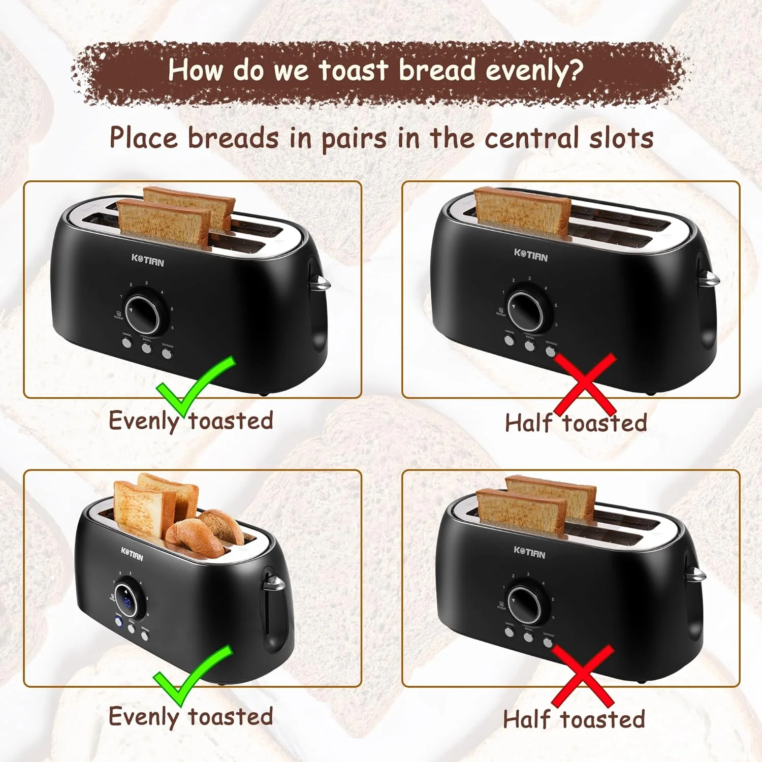 4 Slice, Retro Long Slot Toasters with Countdown Timer,Stainless Steel Toaster,Bagel,Defrost,Reheat,Cancel Functions,Extra Wide Slots,6 Toast Settings,Removable Crumbs Tray,Matte black