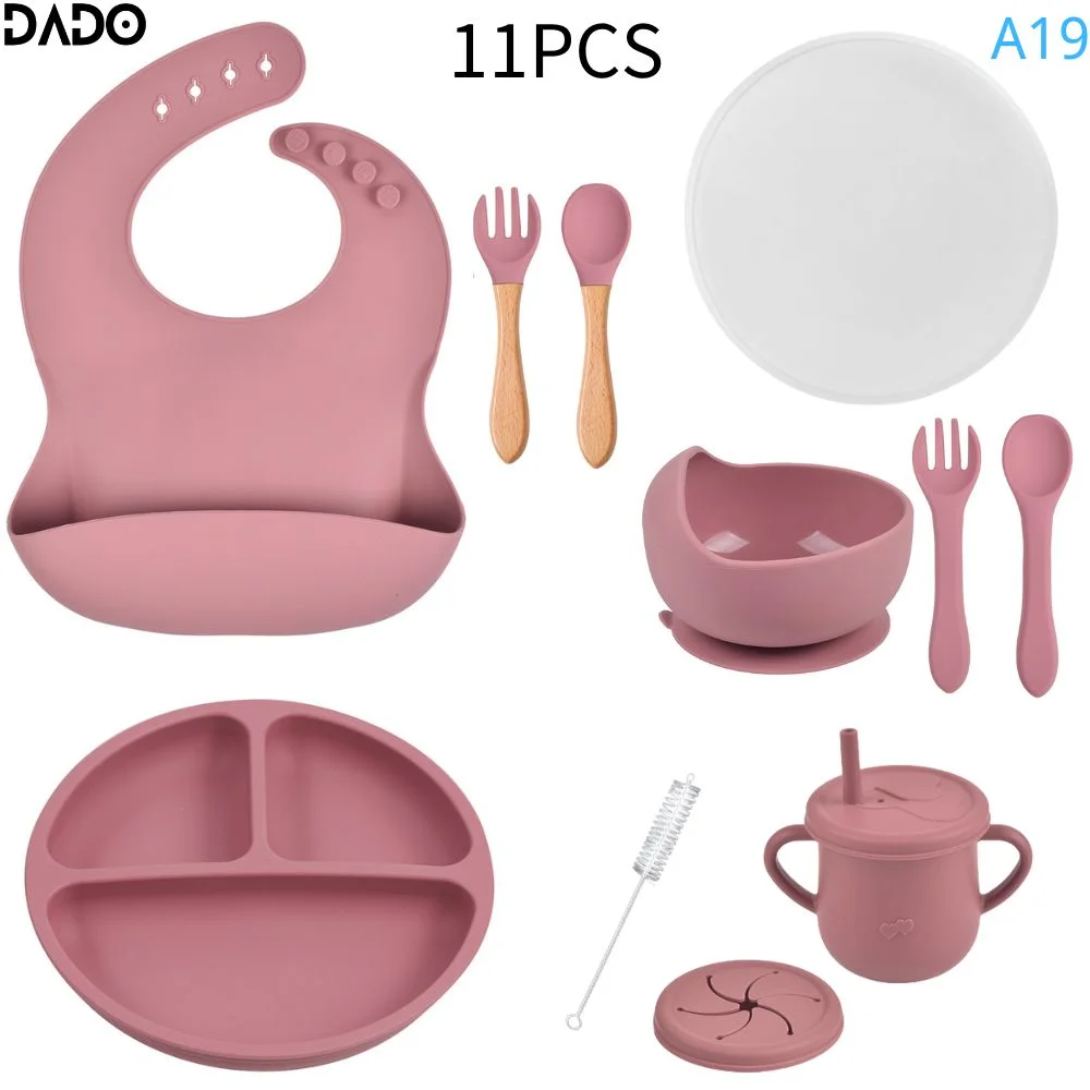 Baby Led Weaning Supplies Silicone Dishes Feeding Set Suction Cup Bowl Divided Plate Toddler Kids Eating Kit Tableware with Lid