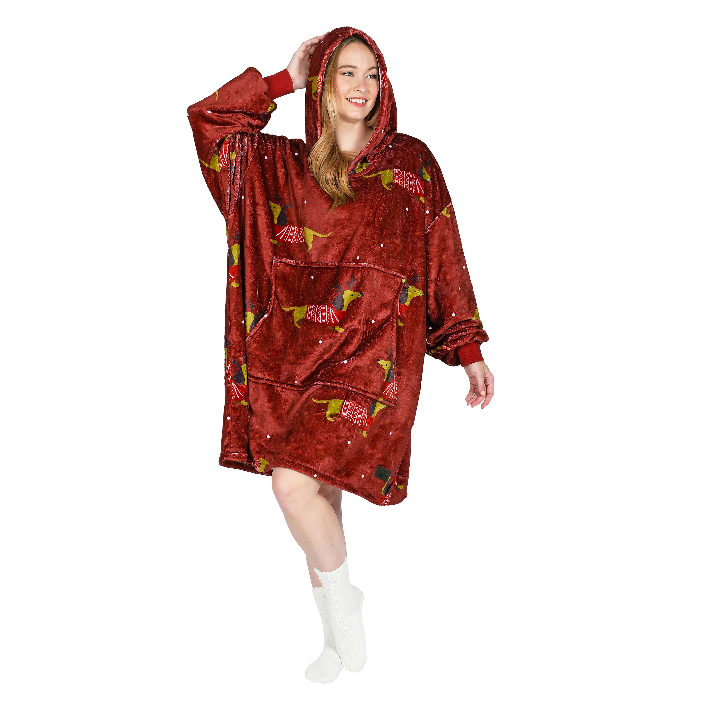 Catalonia Oversized Blanket Hoodie Sweatshirt, Giant Fleece Pullover with Large Front Pocket, Super Soft Warm Comfortable for Adults Men Women Teenagers Kids Wife Girlfriend, Wine Xmas Dachshund