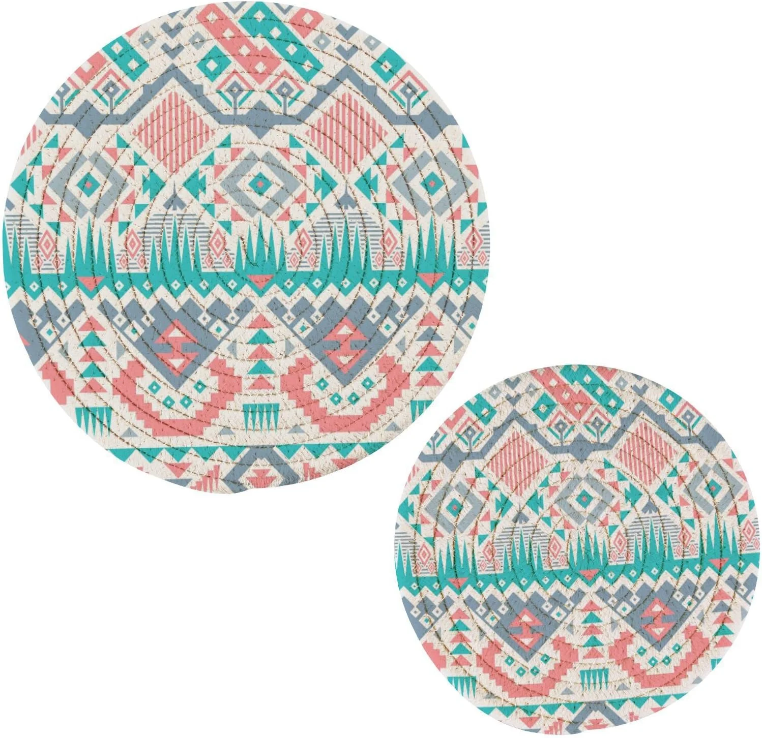 SKYSONIC Pot Holders Trivets set, 2 Pcs,Pink Blue Tribal Geometrical Ethnic Print Potholders for Kitchen Thread Weave Trivets for Hot Dishes/Pot/Bowl/Teapot/Hot Pot Holders