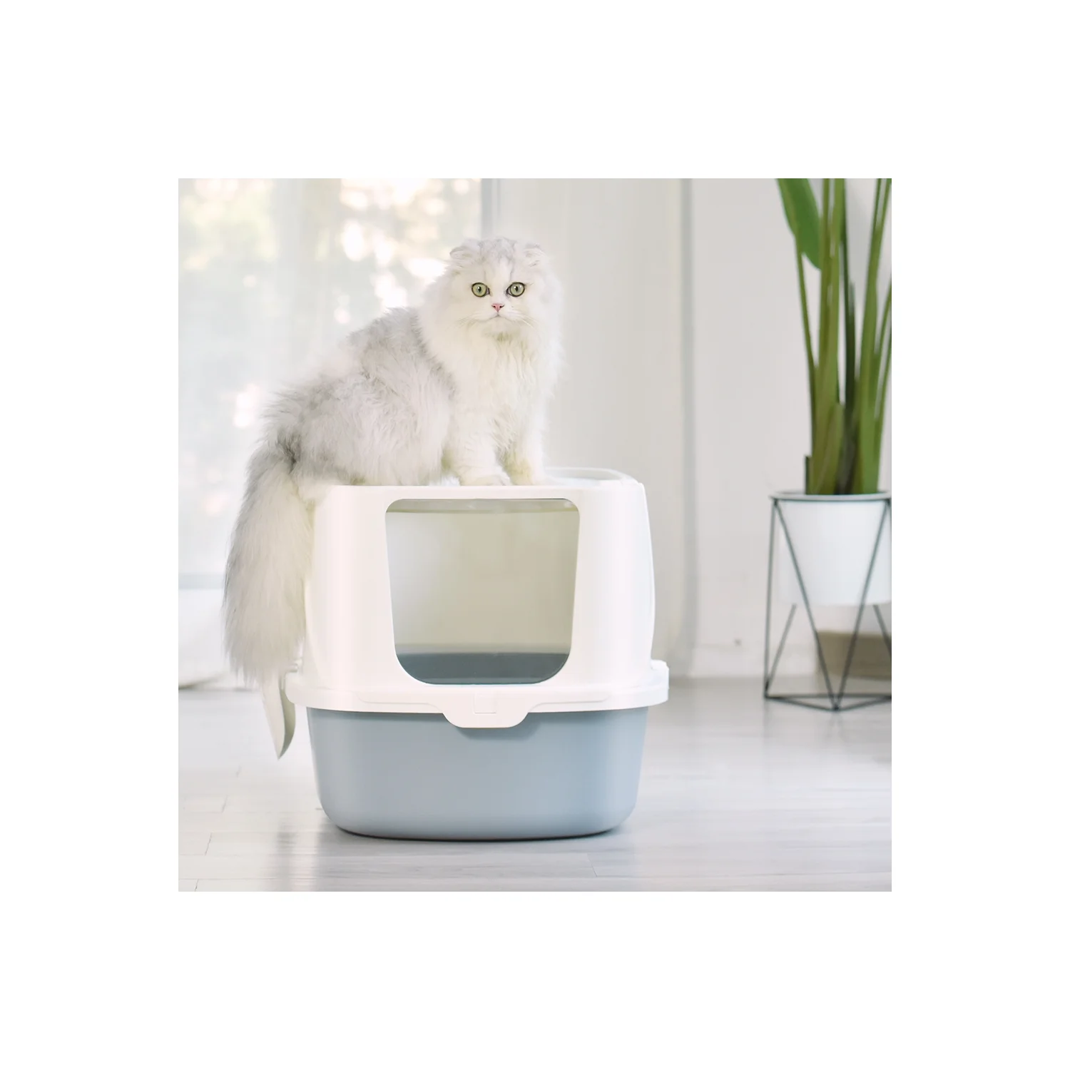 HANAMYA Flip-Top Jumbo Cat Litter Box with Scoop, Front Entry and Top Exit, White&Gray