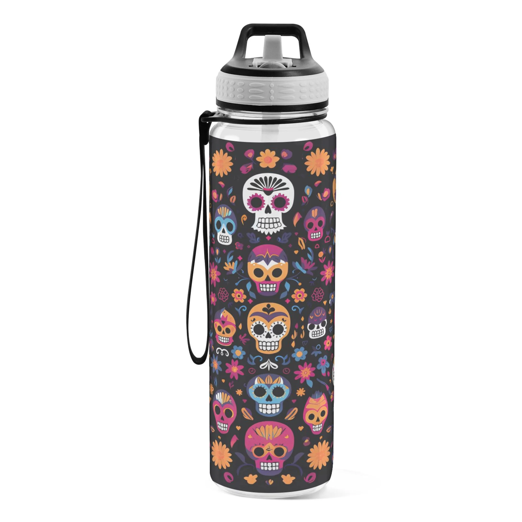 Colorful Skull Skeleton 32oz Water Bottles with Straw Tritan Leakproof Sports Bottle BPA Free Clear for Fitness Gym Swimming Cycling