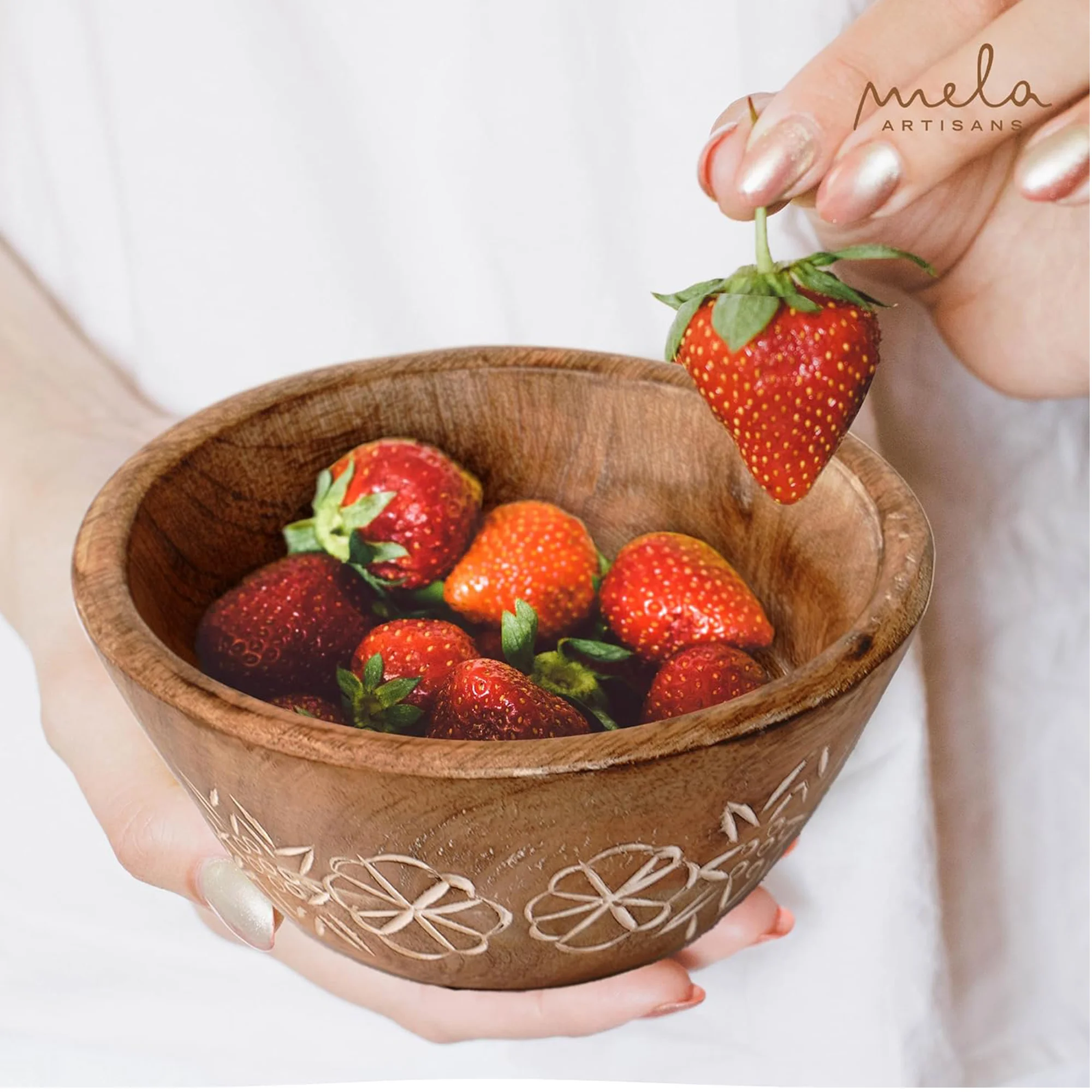 Mela Artisans Hand Carved Small Wooden Serving Bowl - Natural Over White, 6