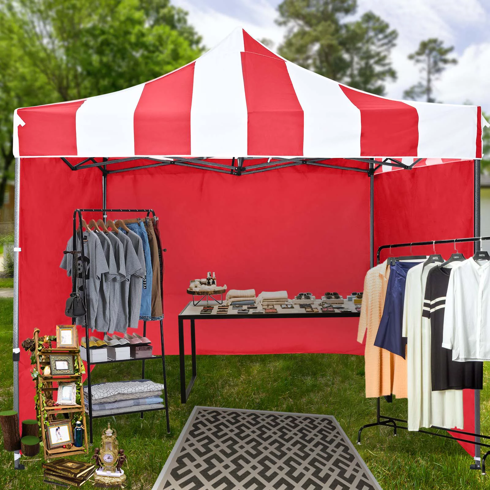 TEXINPRESS 10'x10' Pop up Commercial Canopy Tent with Sidewalls, Striped Red