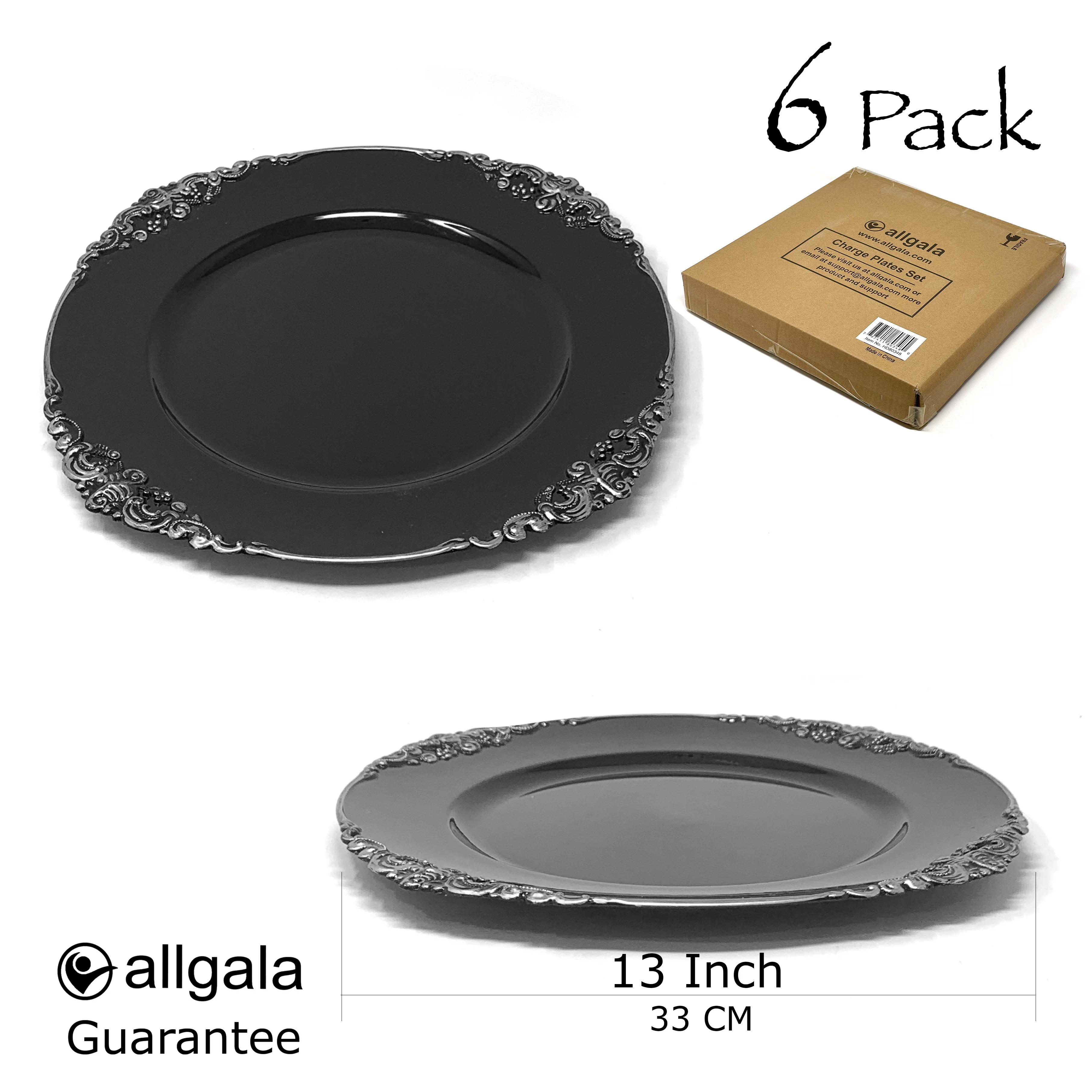 Allgala 13-Inch -Pack Heavy Quality Round Charger Plates-Floral Black Silver Trim-HD80349